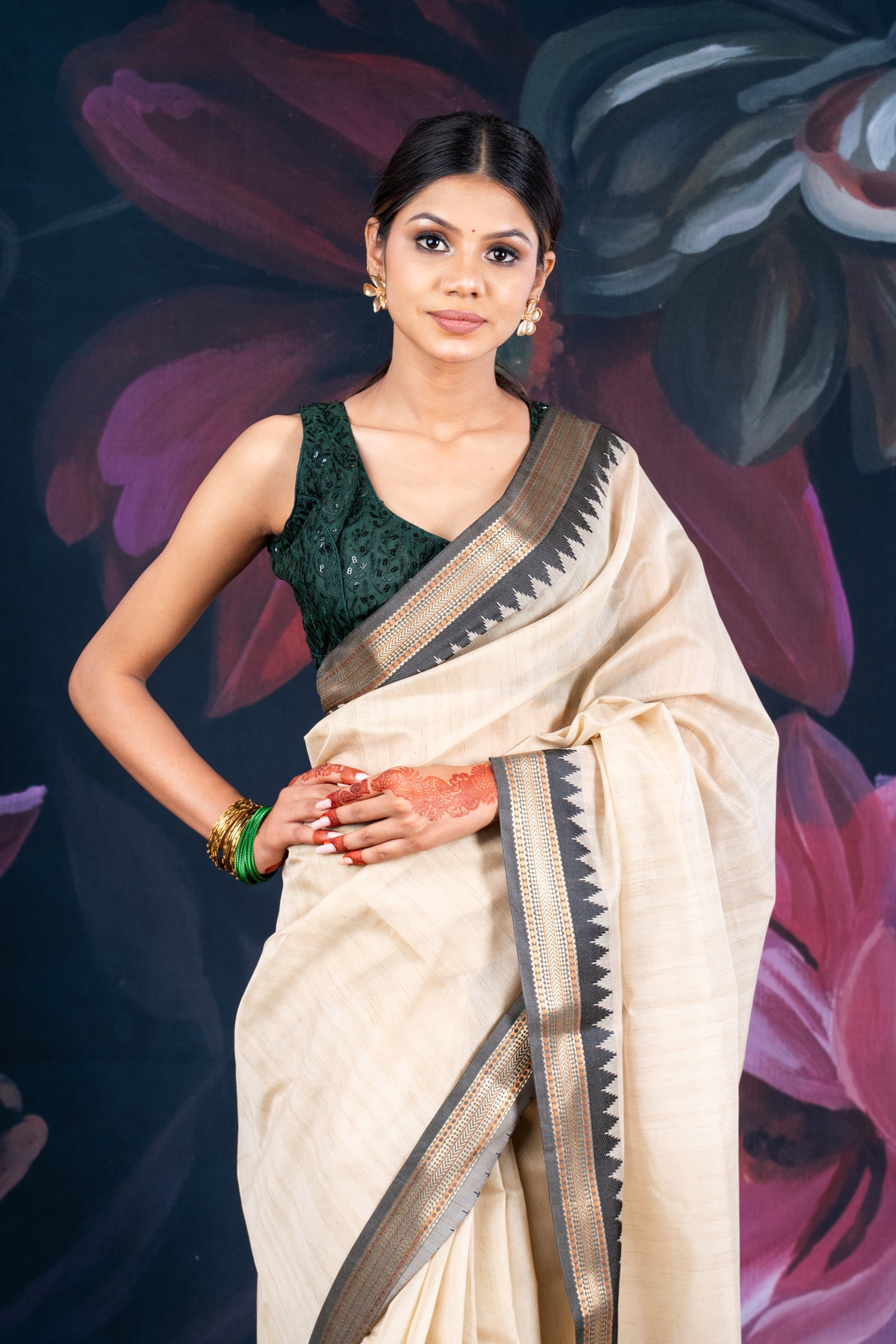 Elegant Beige Chanderi Cotton Saree with Black Temple Border