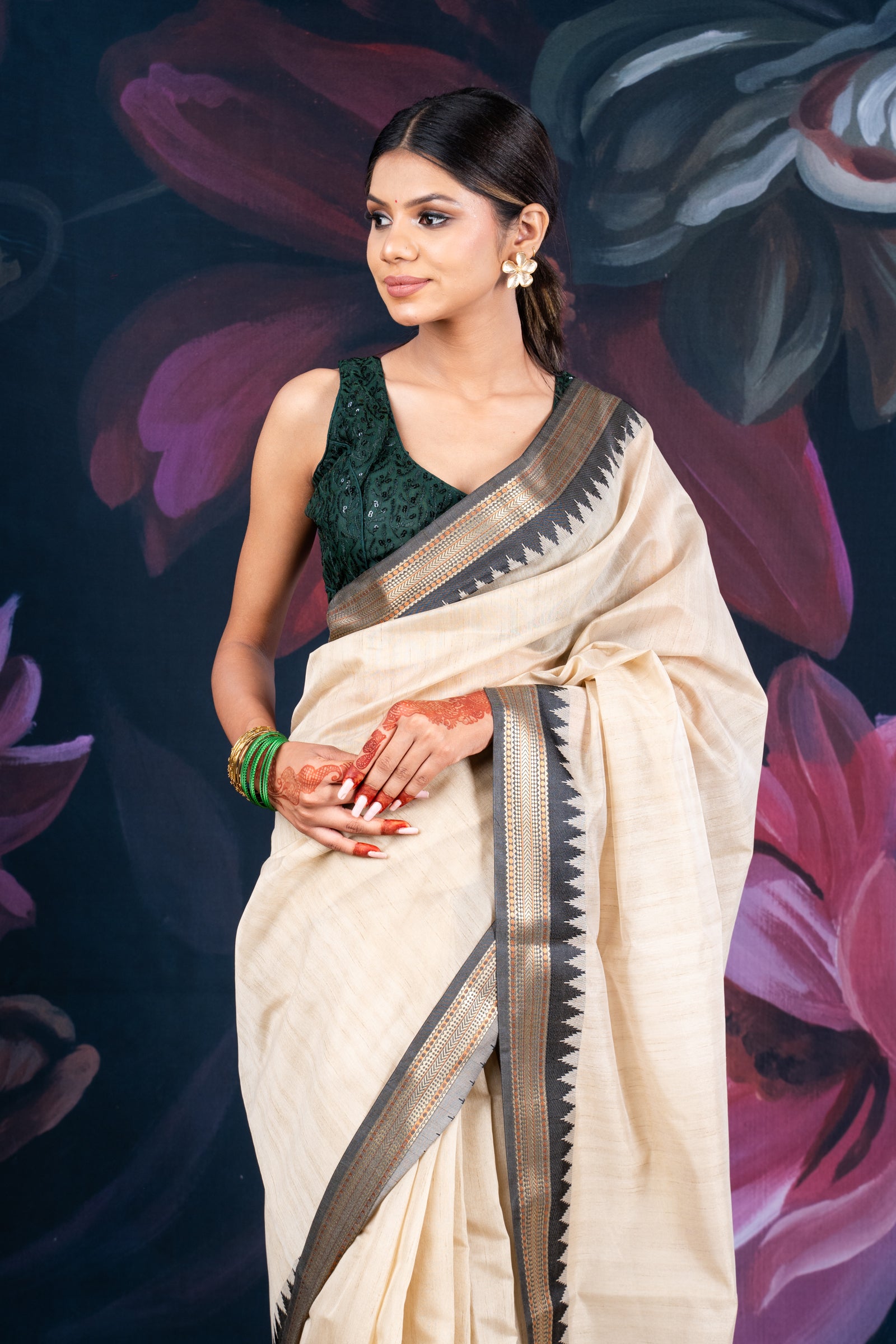 Elegant Beige Chanderi Cotton Saree with Black Temple Border