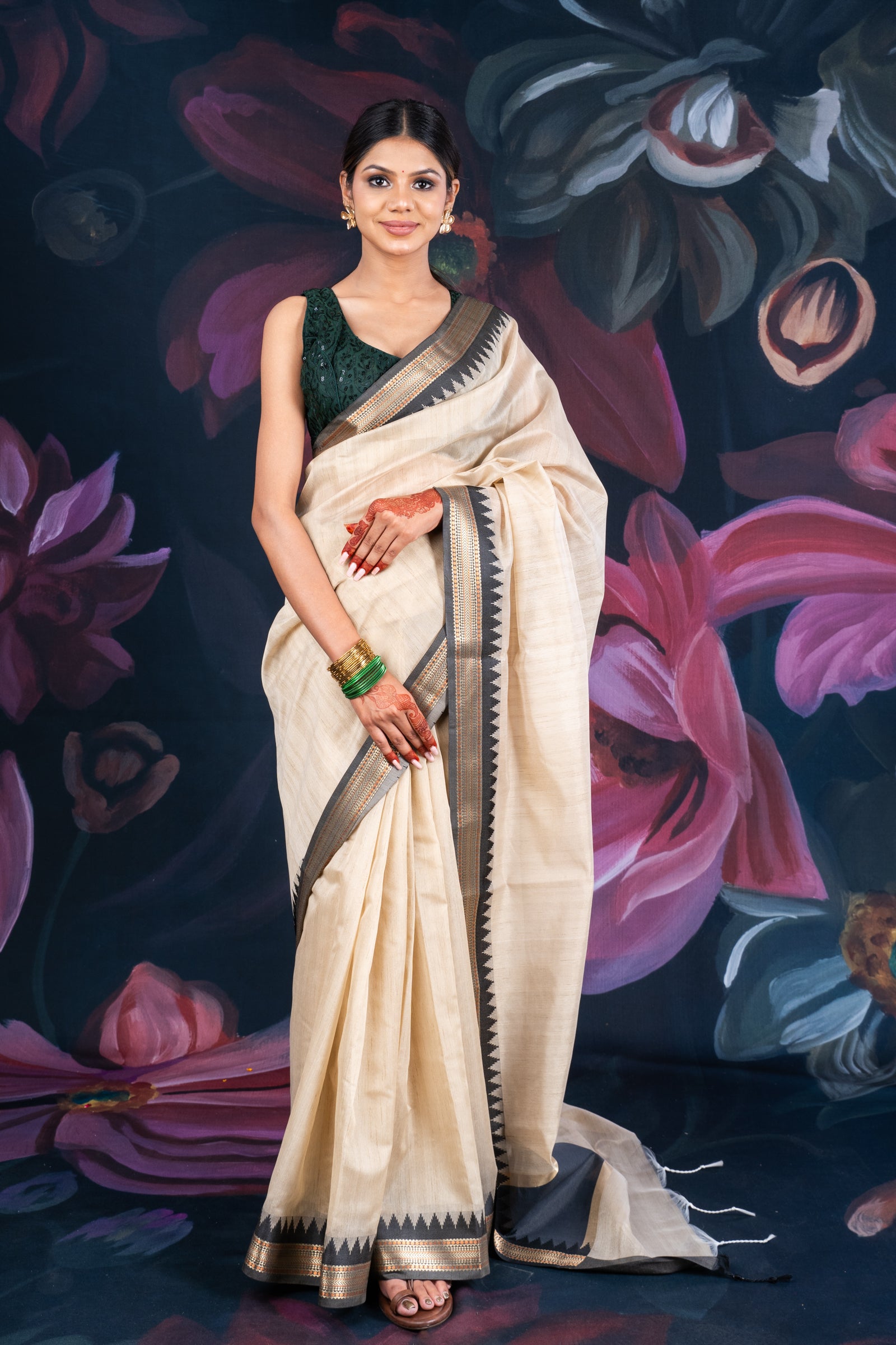 Elegant Beige Chanderi Cotton Saree with Black Temple Border