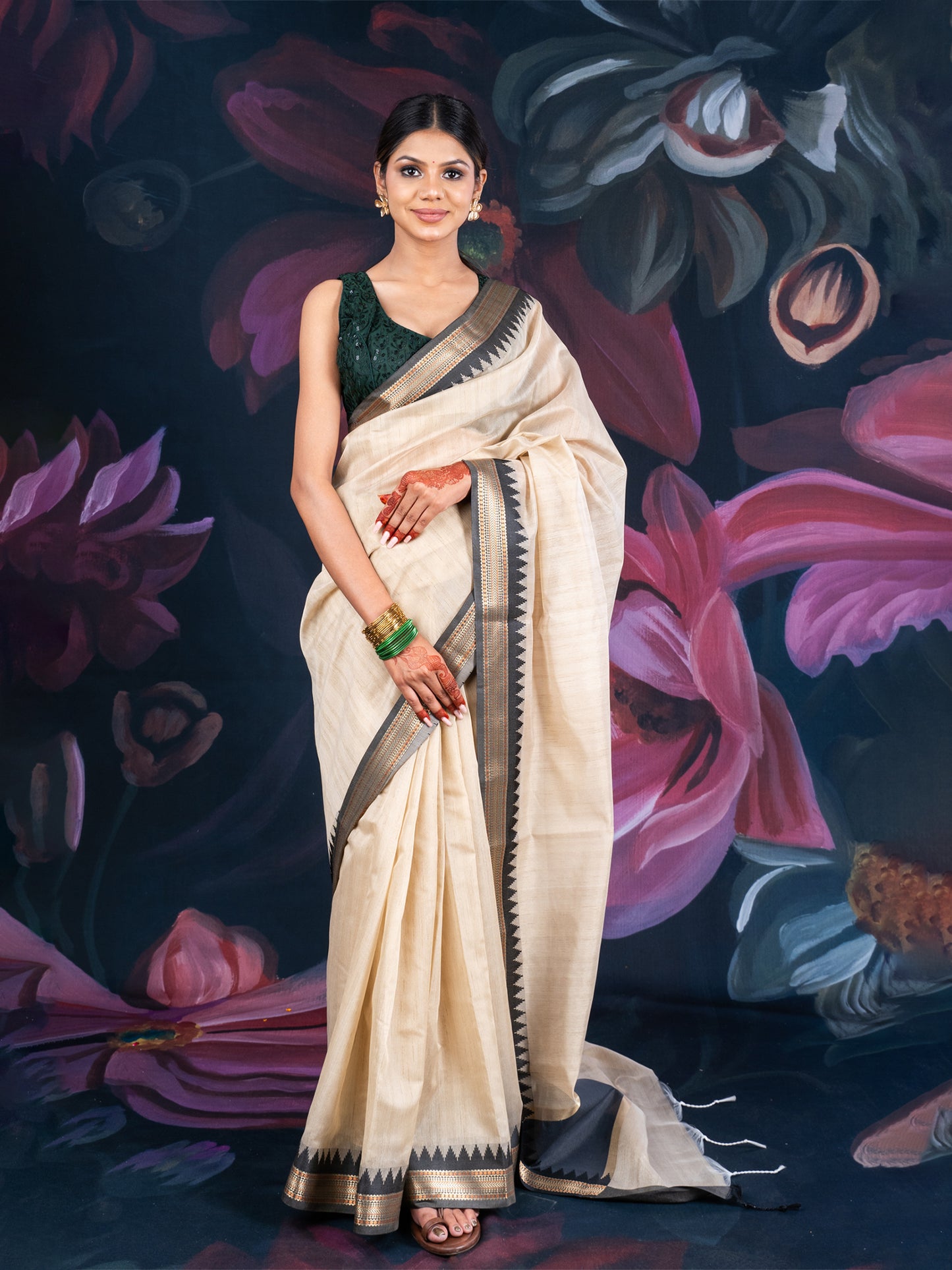 Beige and Black Chanderi Cotton Saree