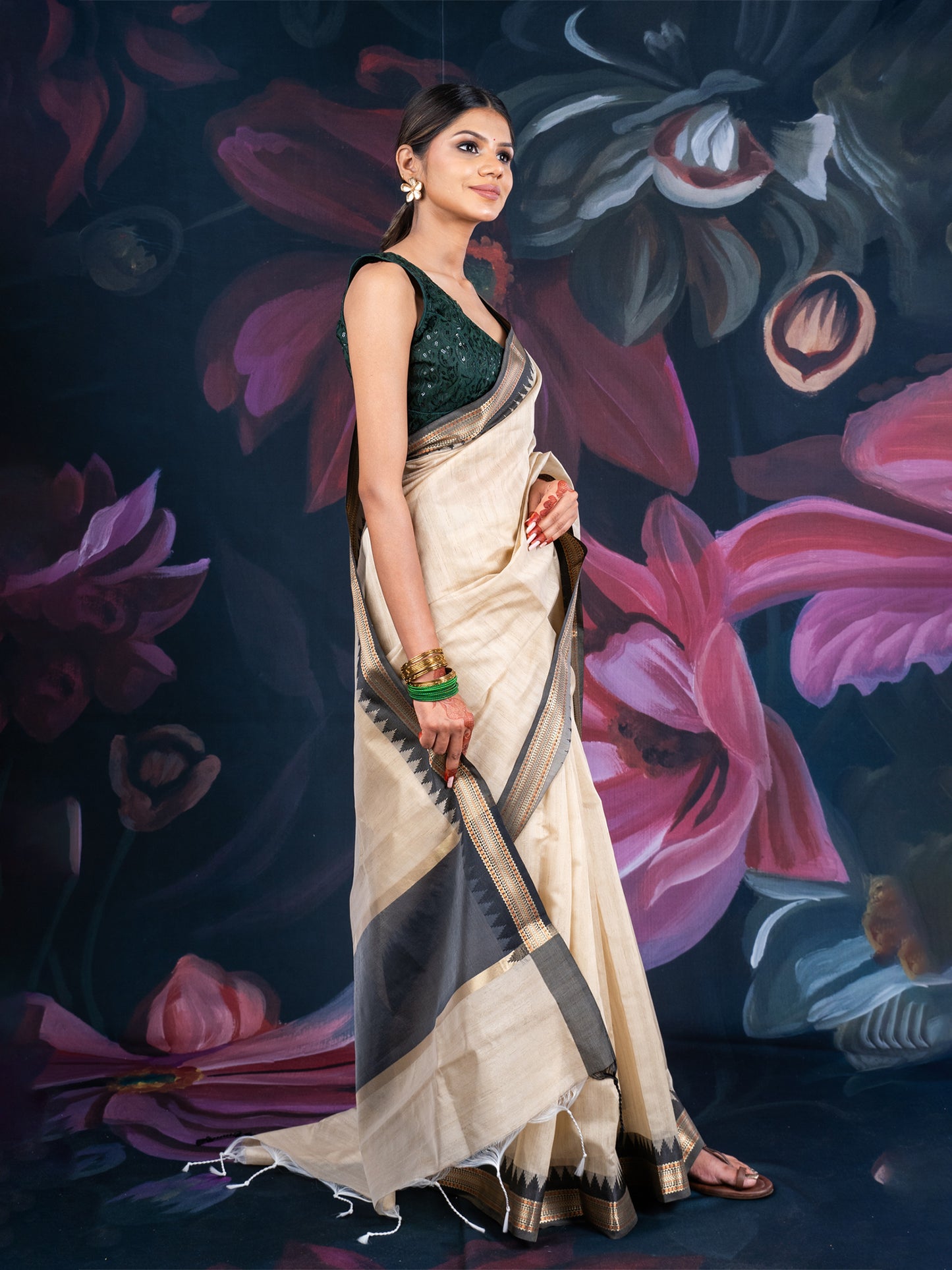 Beige and Black Chanderi Cotton Saree