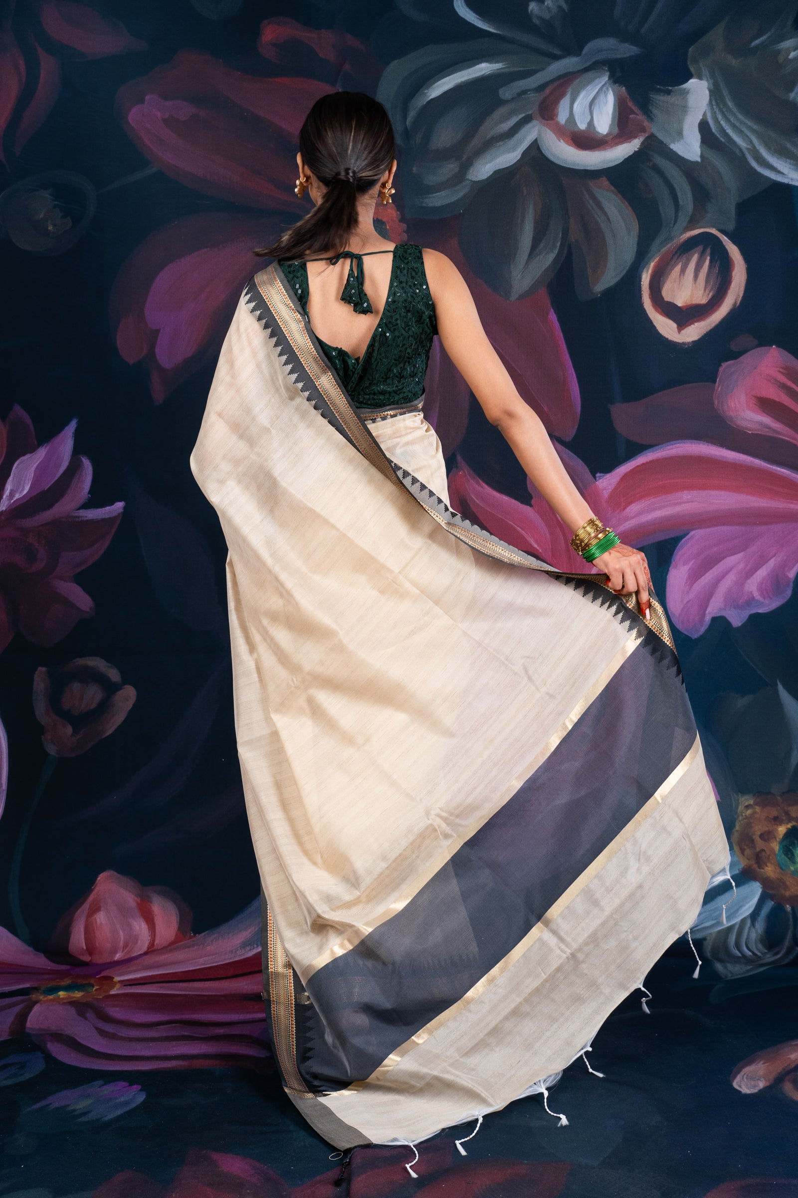 Elegant Beige Chanderi Cotton Saree with Black Temple Border