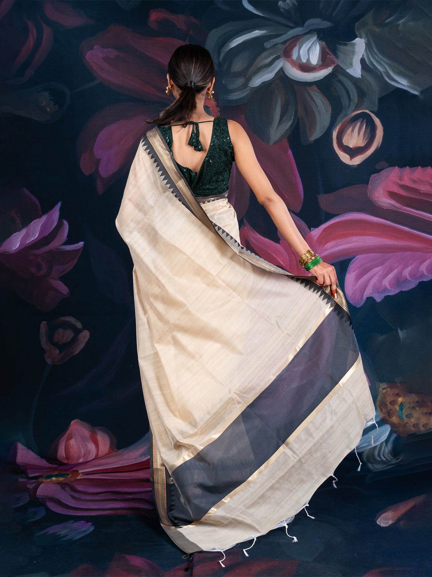 Beige and Black Chanderi Cotton Saree