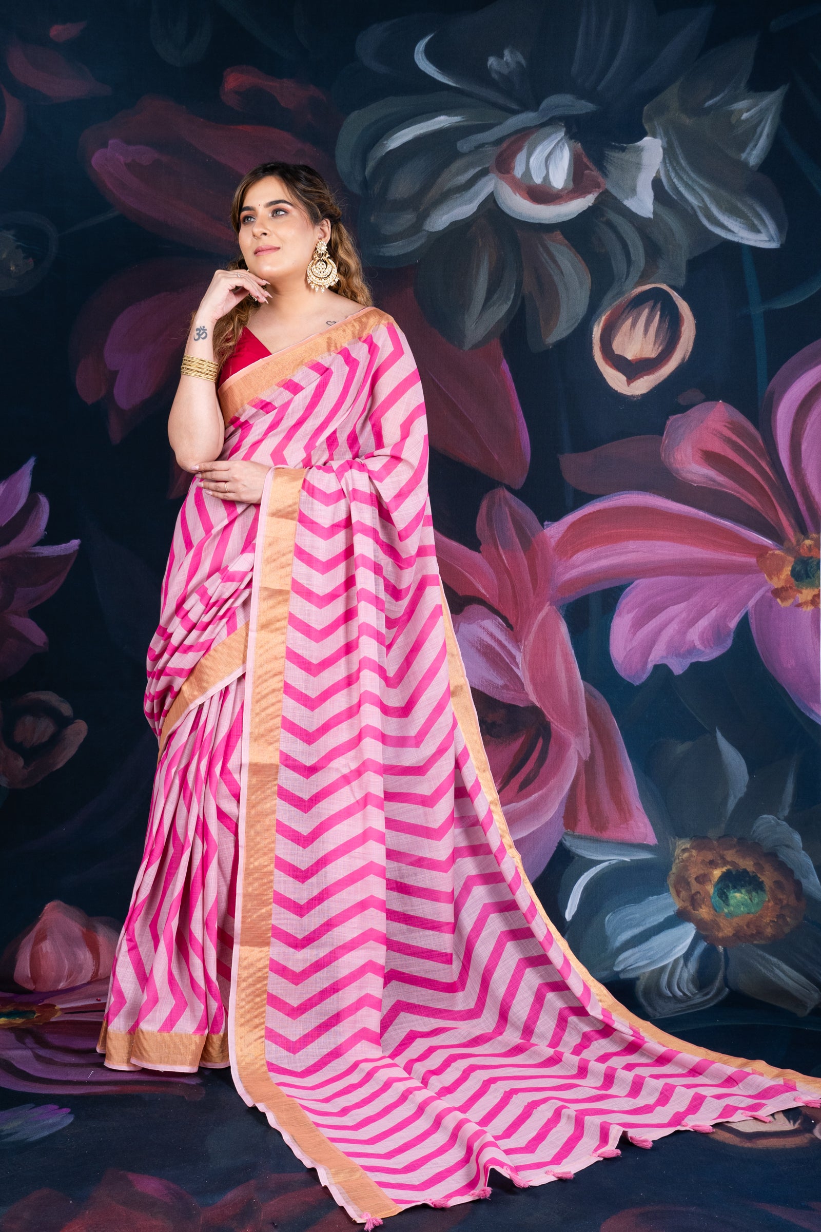 Elegant Pink Linen Cotton Saree with Tissue Border