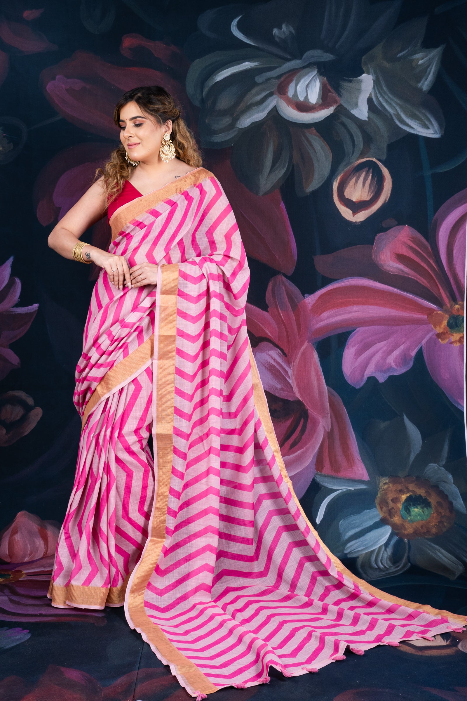 Elegant Pink Linen Cotton Saree with Tissue Border