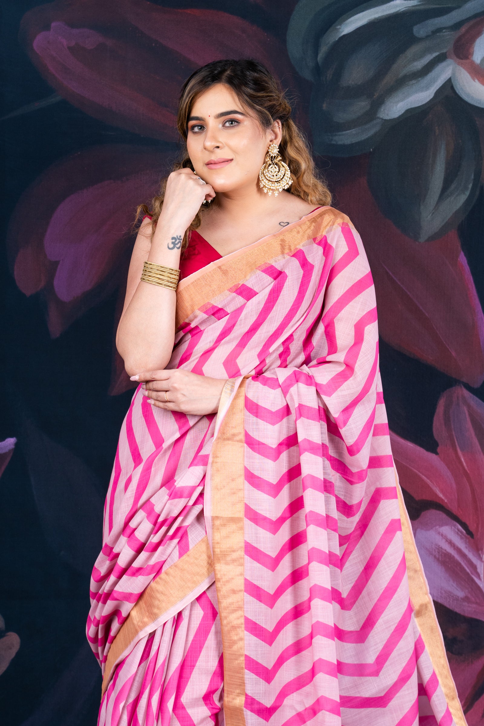 Elegant Pink Linen Cotton Saree with Tissue Border