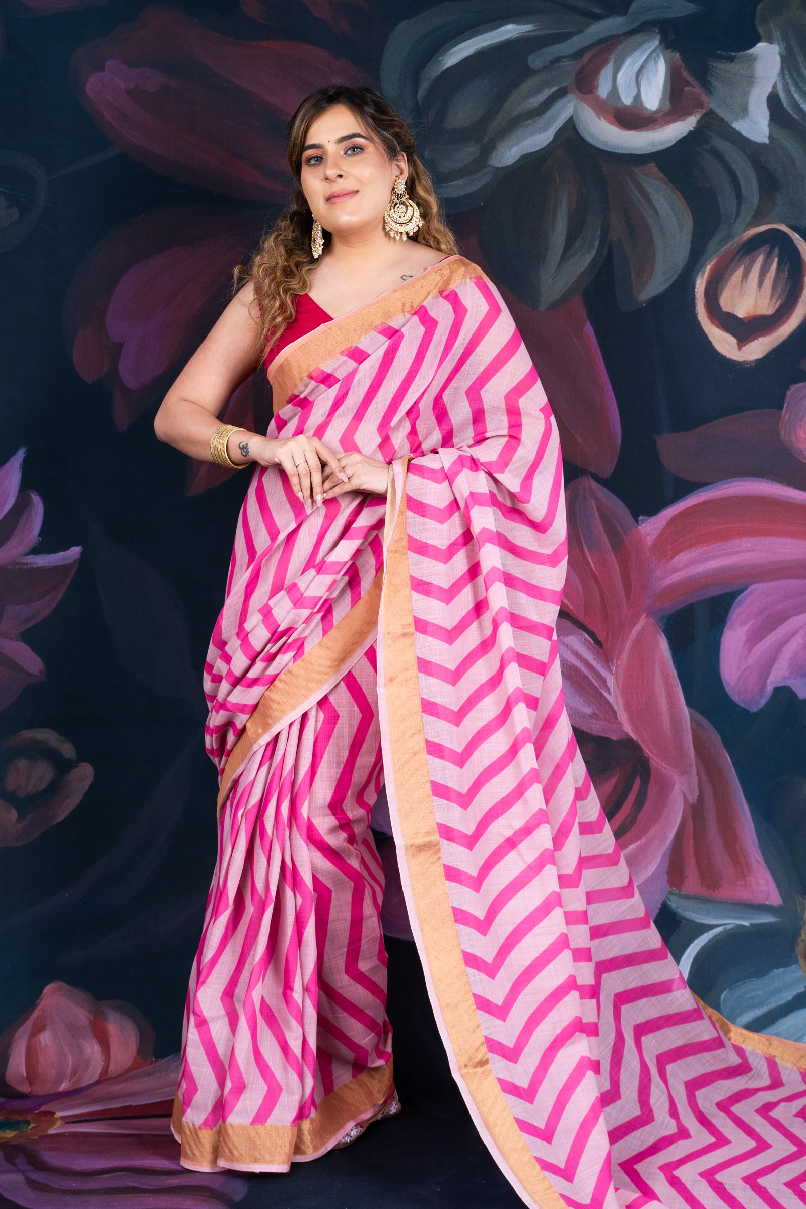 Elegant Pink Linen Cotton Saree with Tissue Border