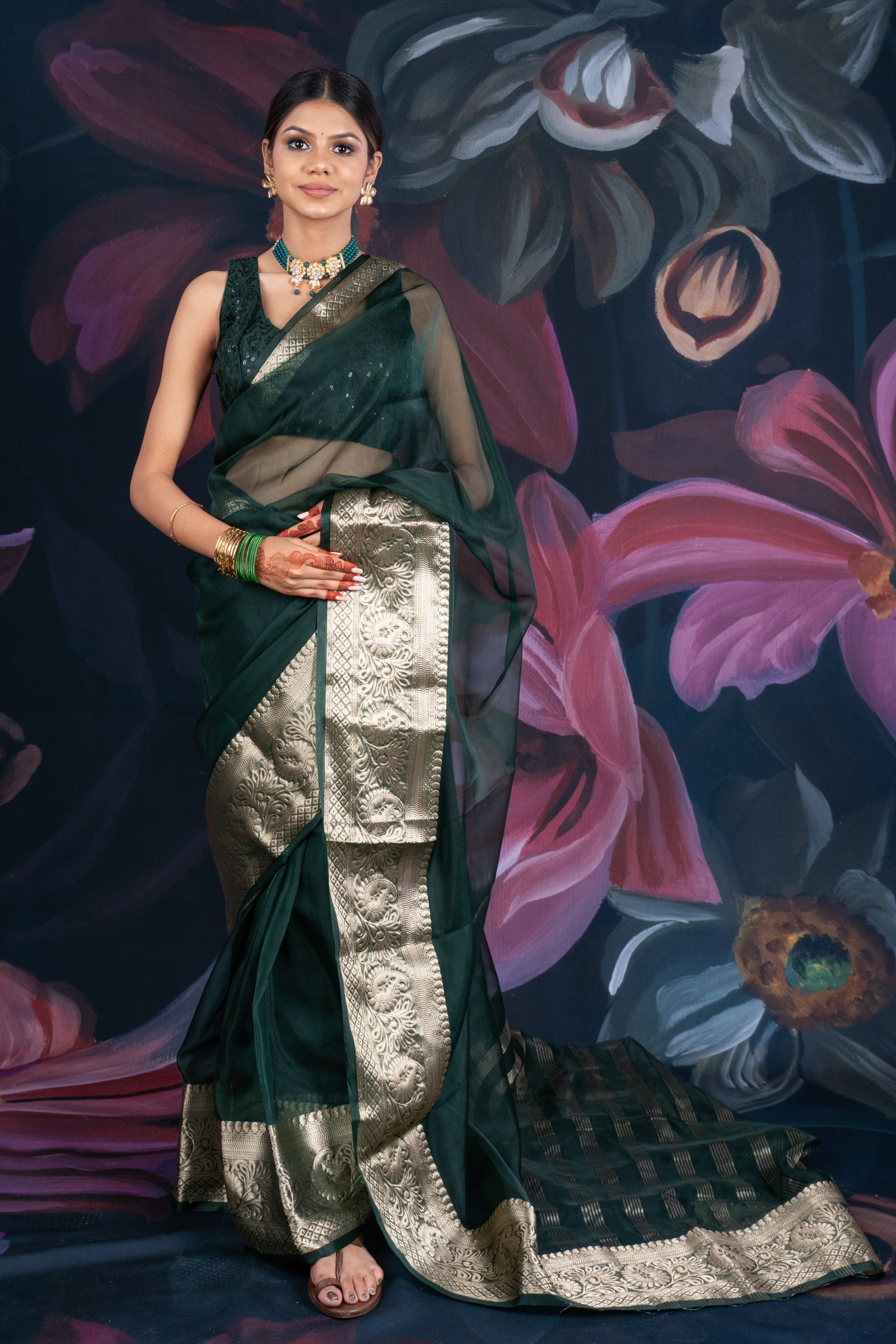 Bottle Green Organza Saree with Zari Border and Chitt Palloo