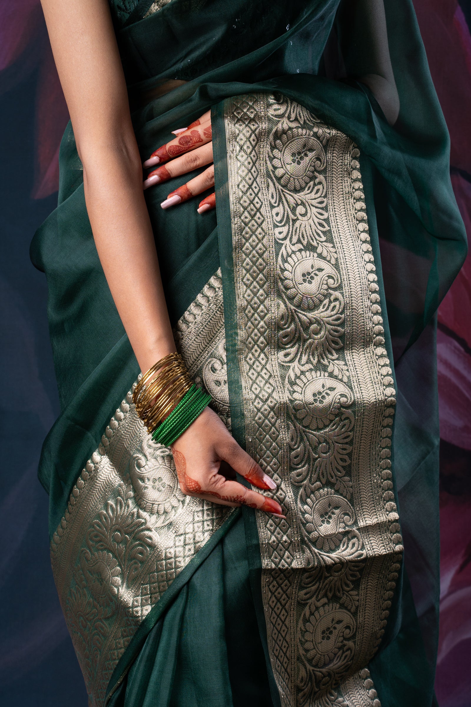 Bottle Green Organza Saree with Zari Border and Chitt Palloo