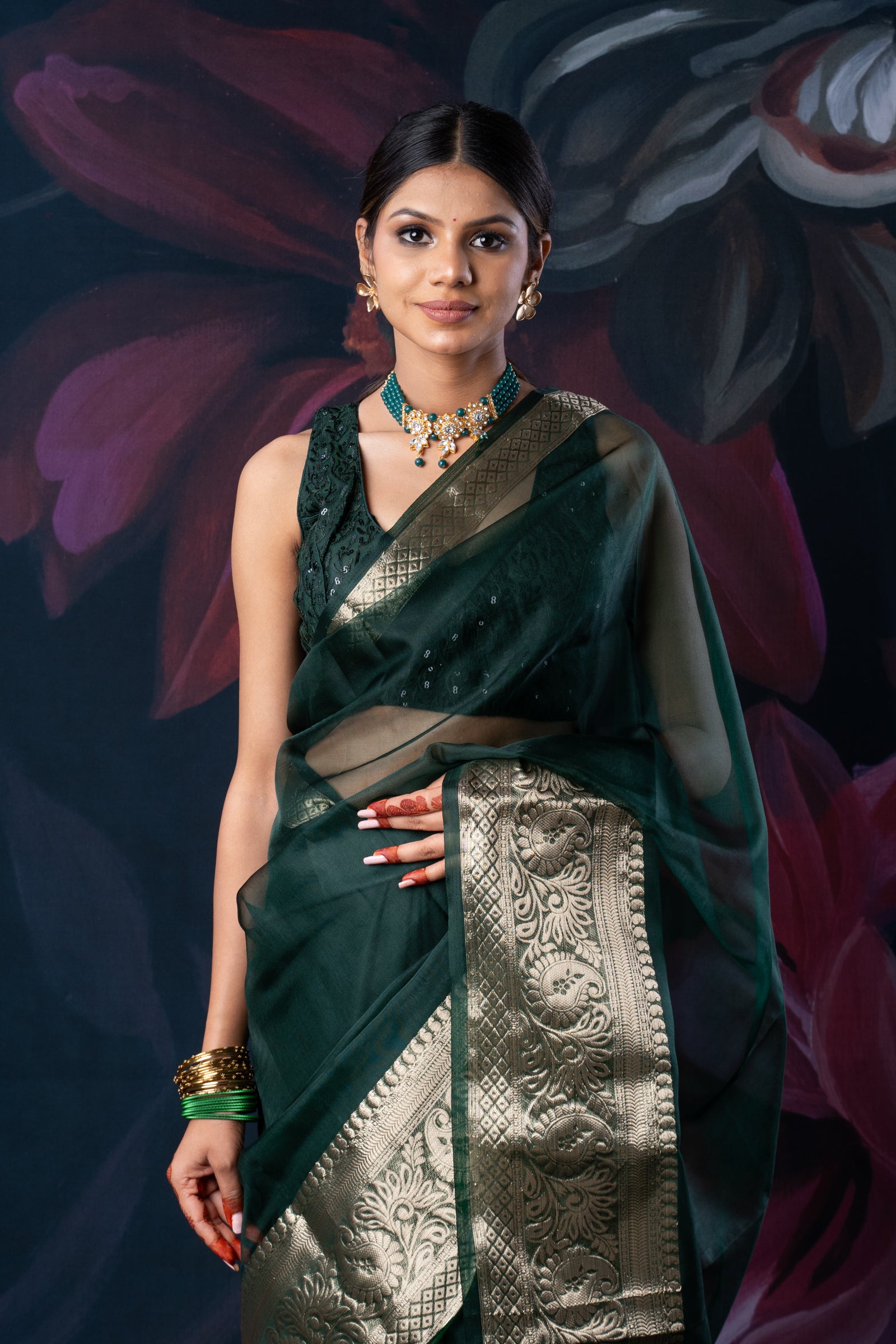 Bottle Green Organza Saree with Zari Border and Chitt Palloo