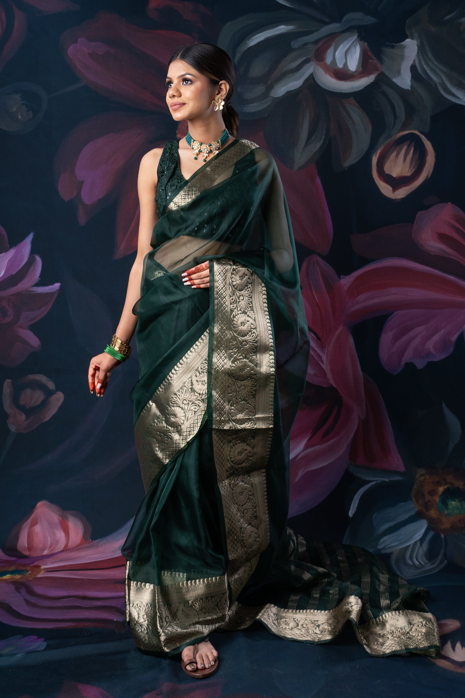 Bottle Green Organza Saree with Zari Border and Chitt Palloo