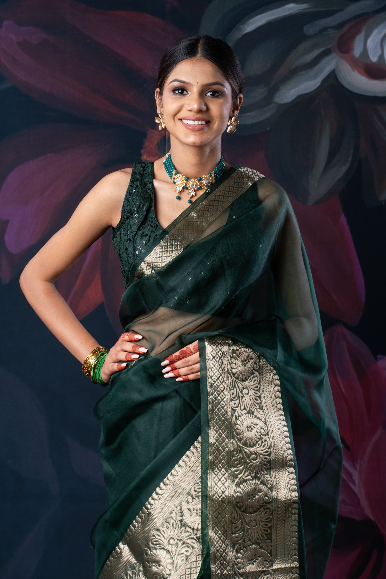 Bottle Green Organza Saree with Zari Border and Chitt Palloo