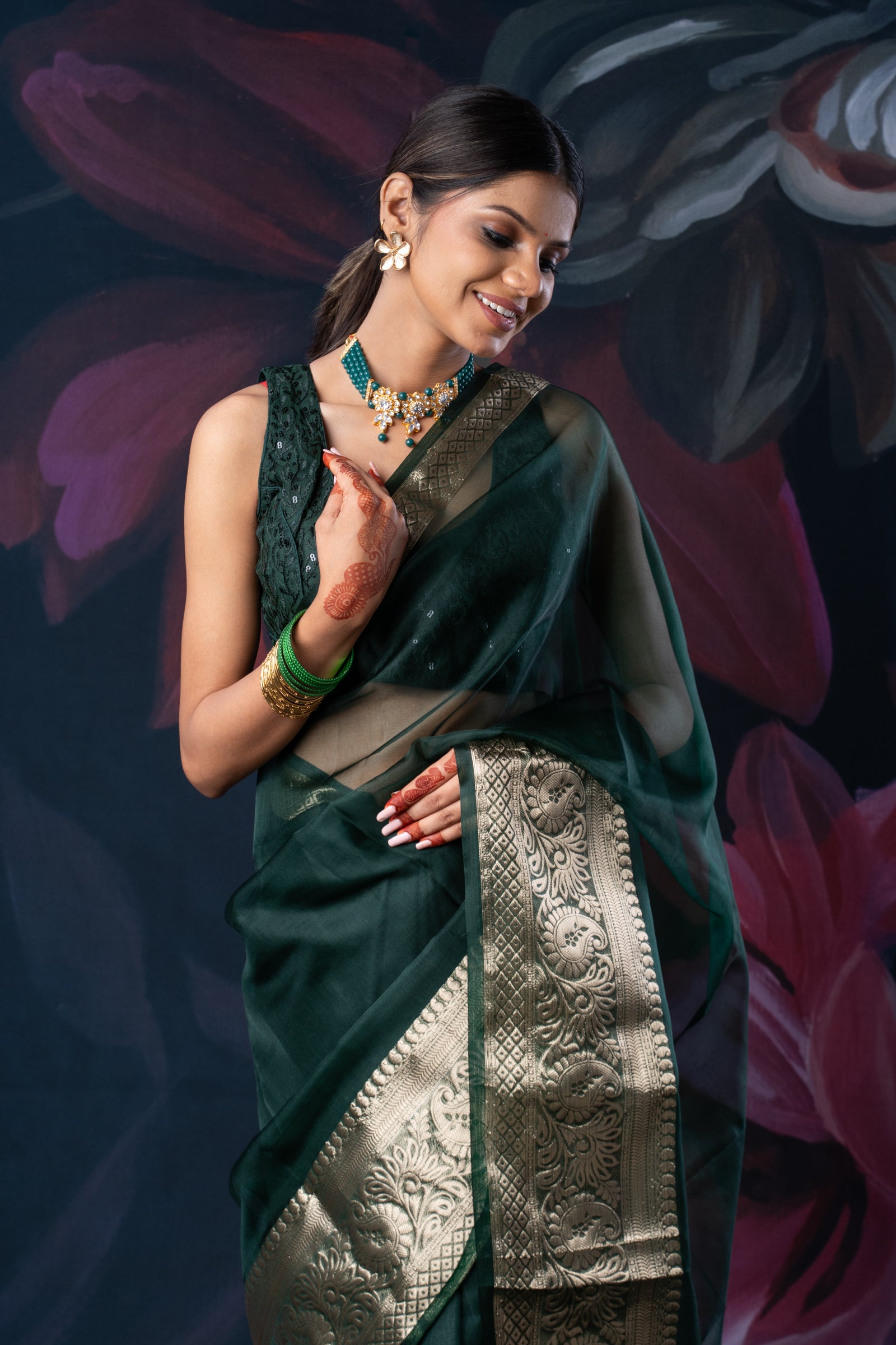 Bottle Green Organza Saree with Zari Border and Chitt Palloo