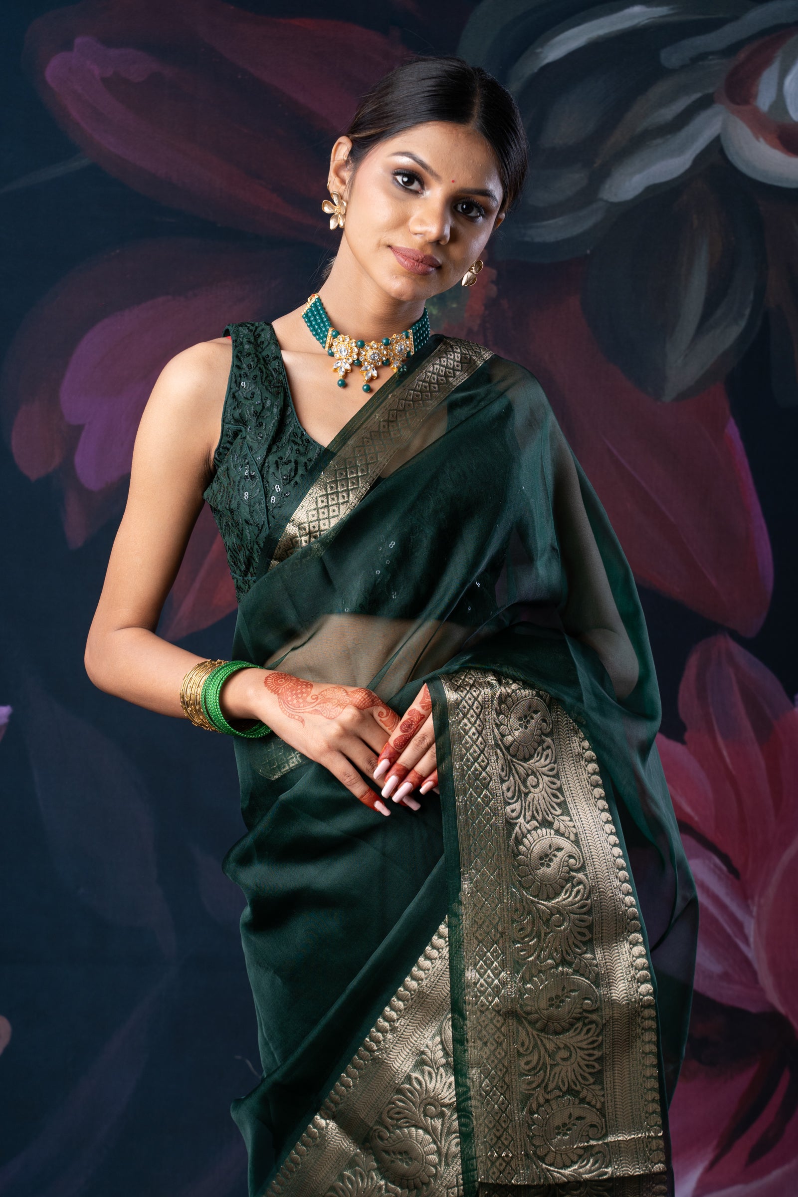 Bottle Green Organza Saree with Zari Border and Chitt Palloo