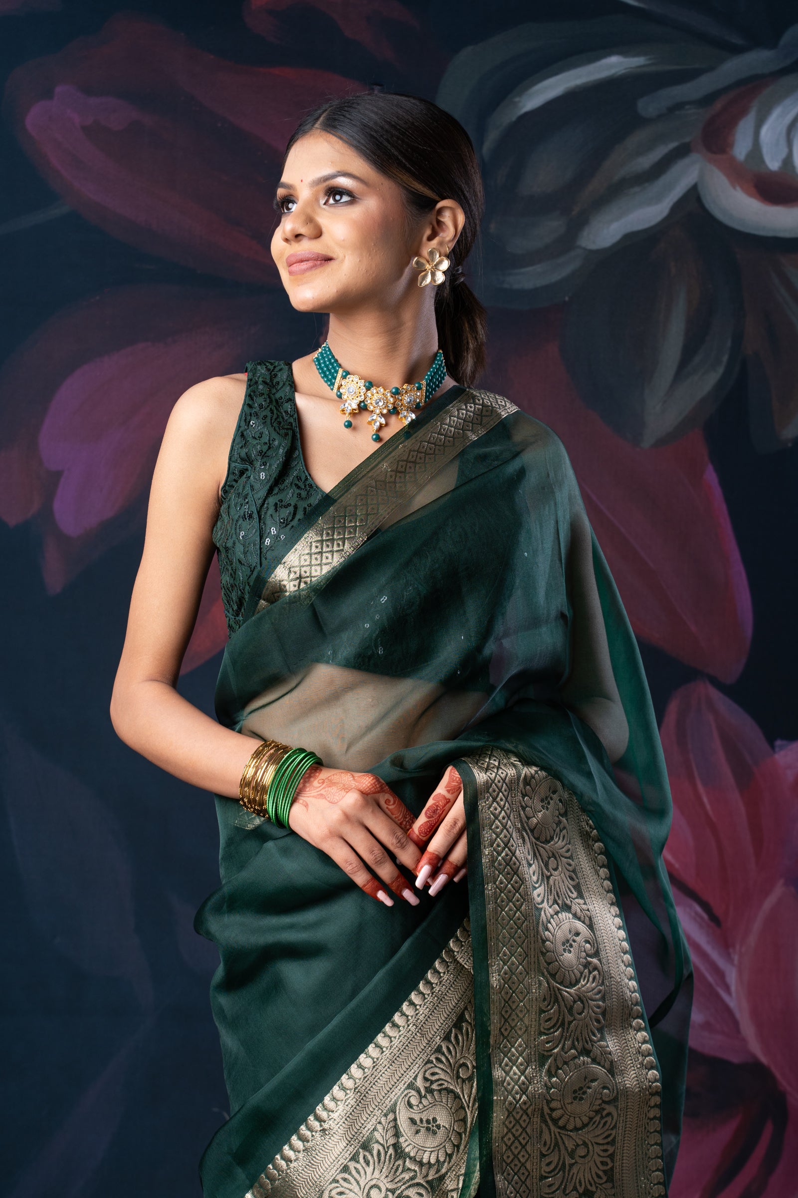 Bottle Green Organza Saree with Zari Border and Chitt Palloo