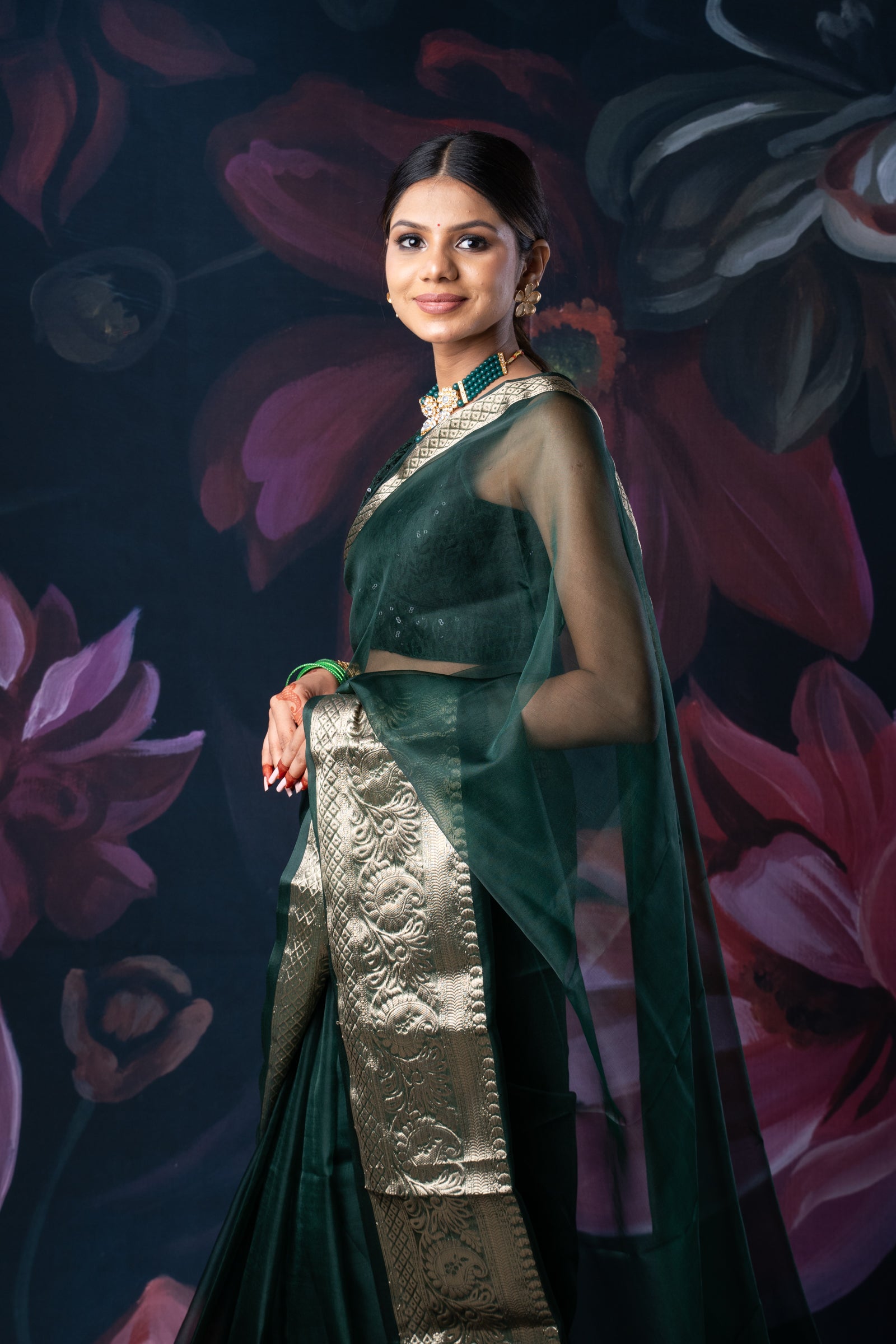 Bottle Green Organza Saree with Zari Border and Chitt Palloo