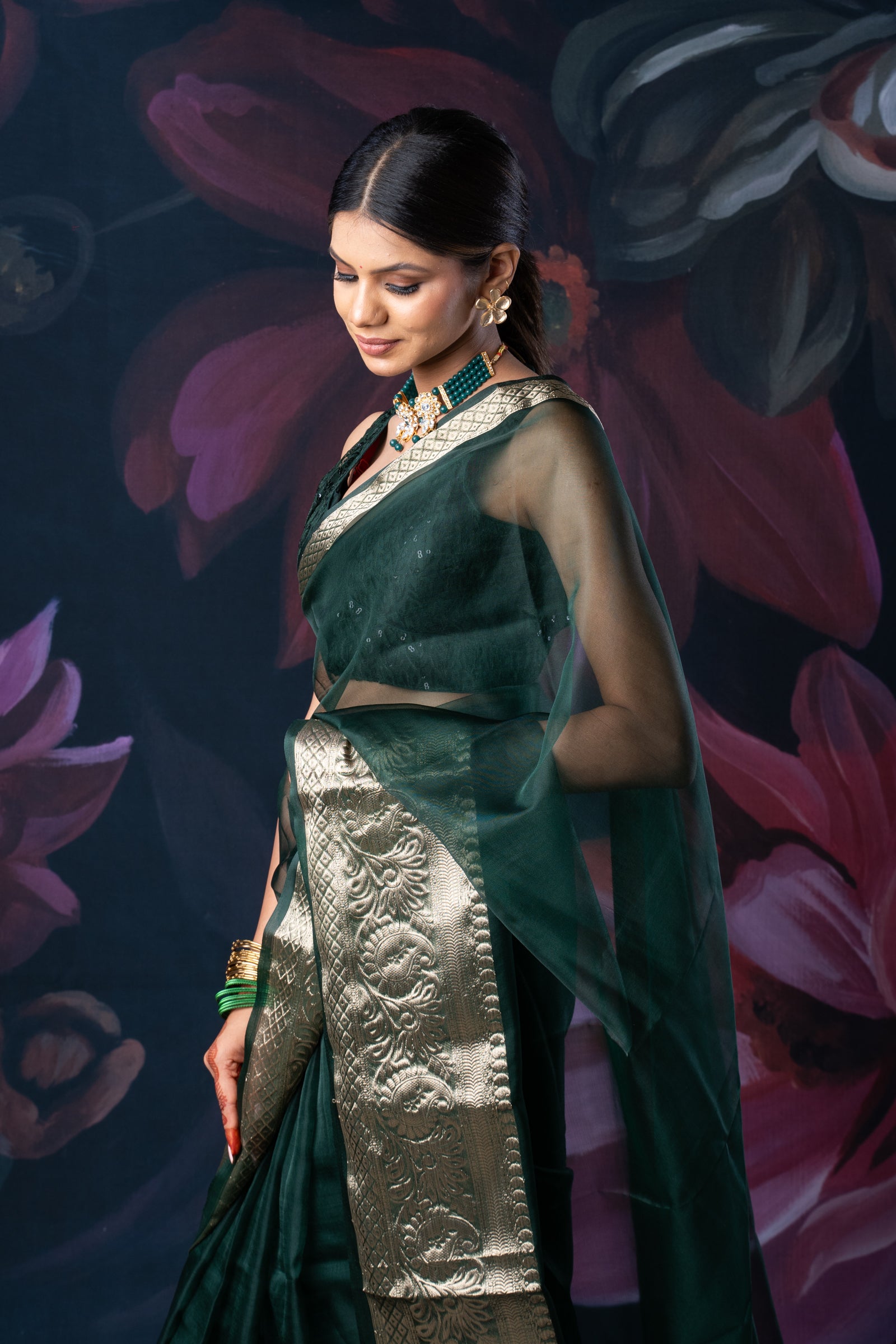 Bottle Green Organza Saree with Zari Border and Chitt Palloo