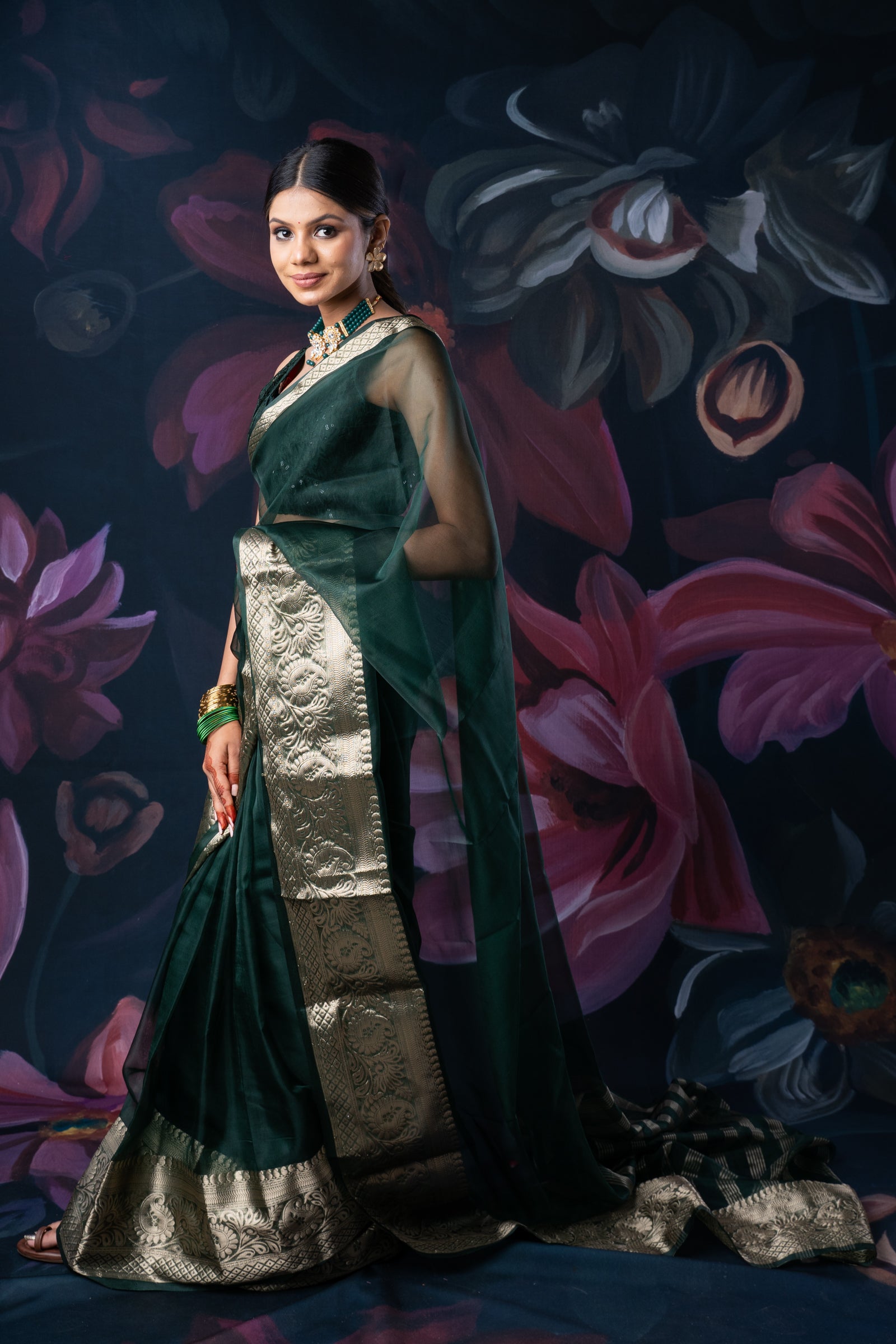 Bottle Green Organza Saree with Zari Border and Chitt Palloo