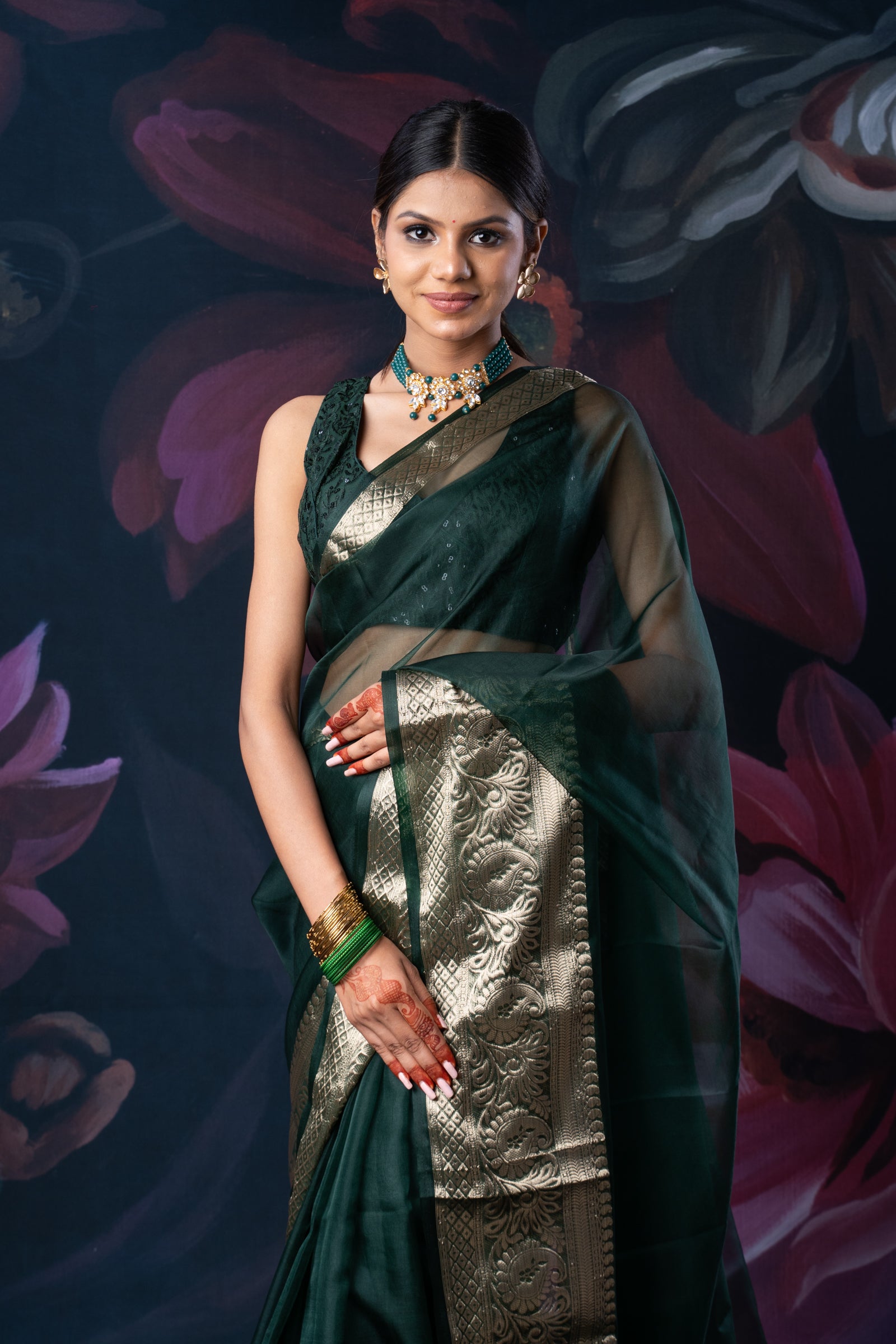 Bottle Green Organza Saree with Zari Border and Chitt Palloo