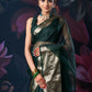Bottle Green Organza Saree with Zari Border and Chitt Palloo