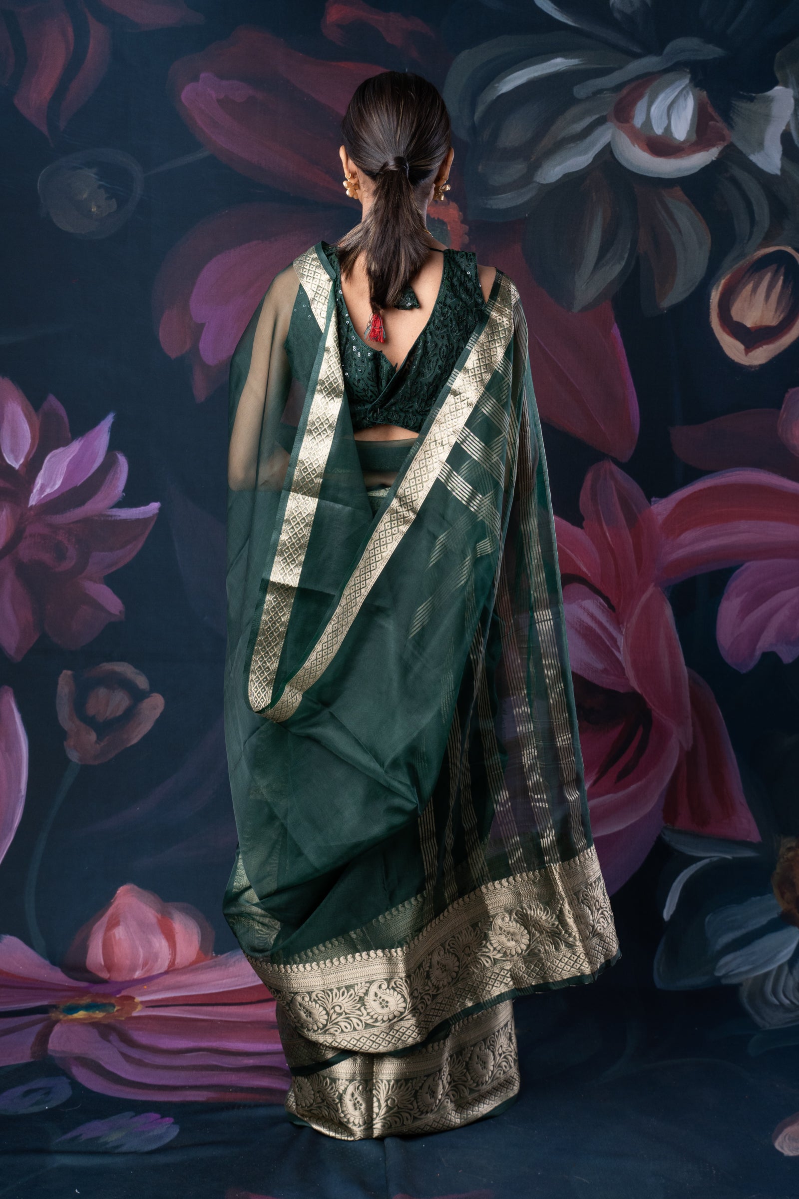 Bottle Green Organza Saree with Zari Border and Chitt Palloo