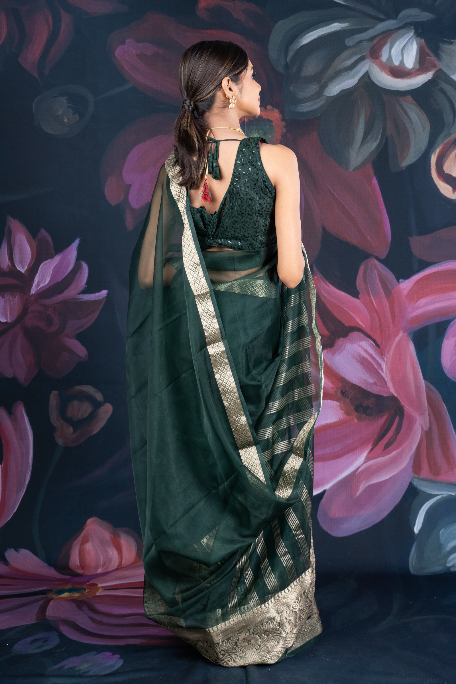 Bottle Green Organza Saree with Zari Border and Chitt Palloo