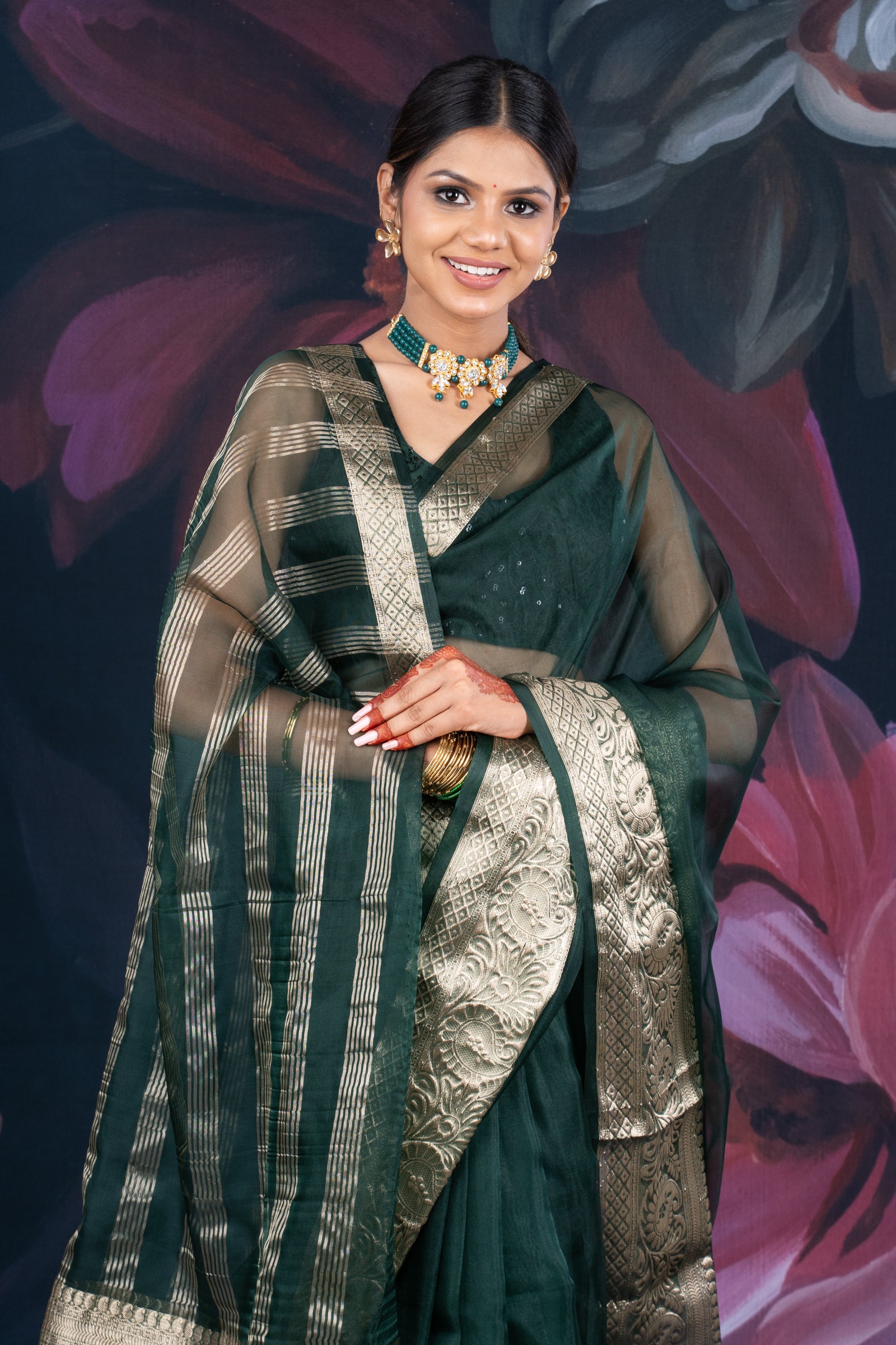 Bottle Green Organza Saree with Zari Border and Chitt Palloo