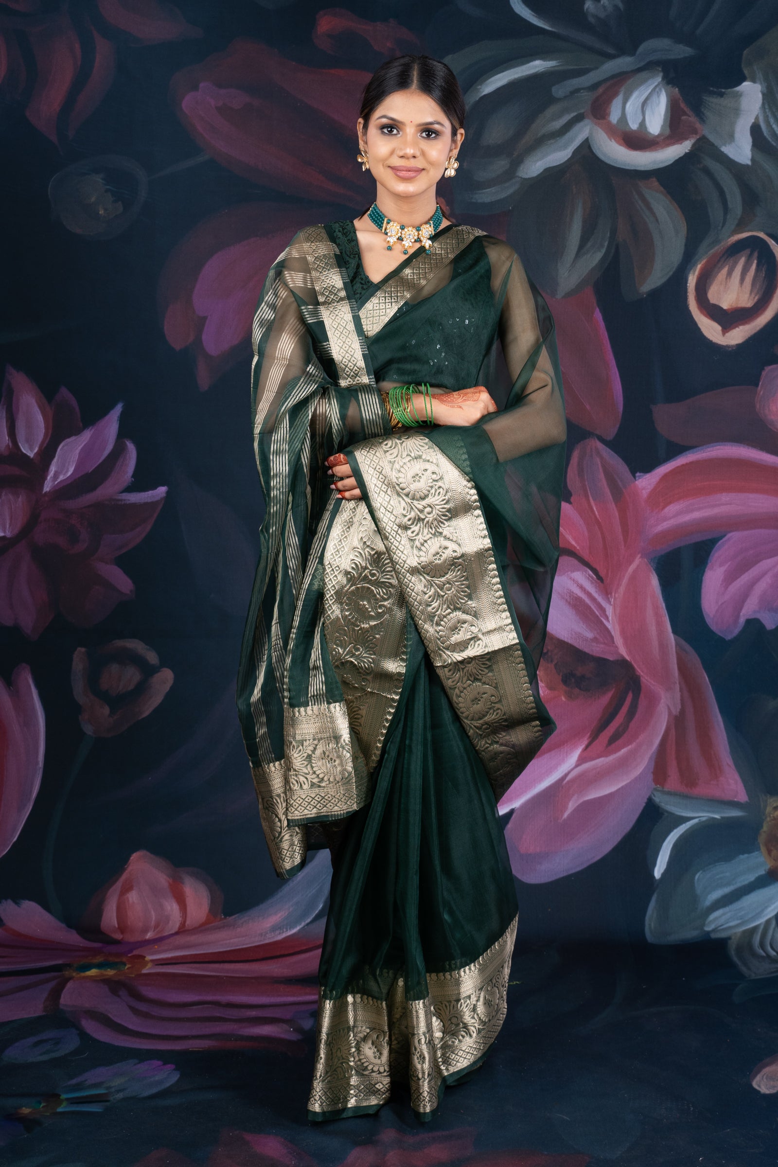 Bottle Green Organza Saree with Zari Border and Chitt Palloo