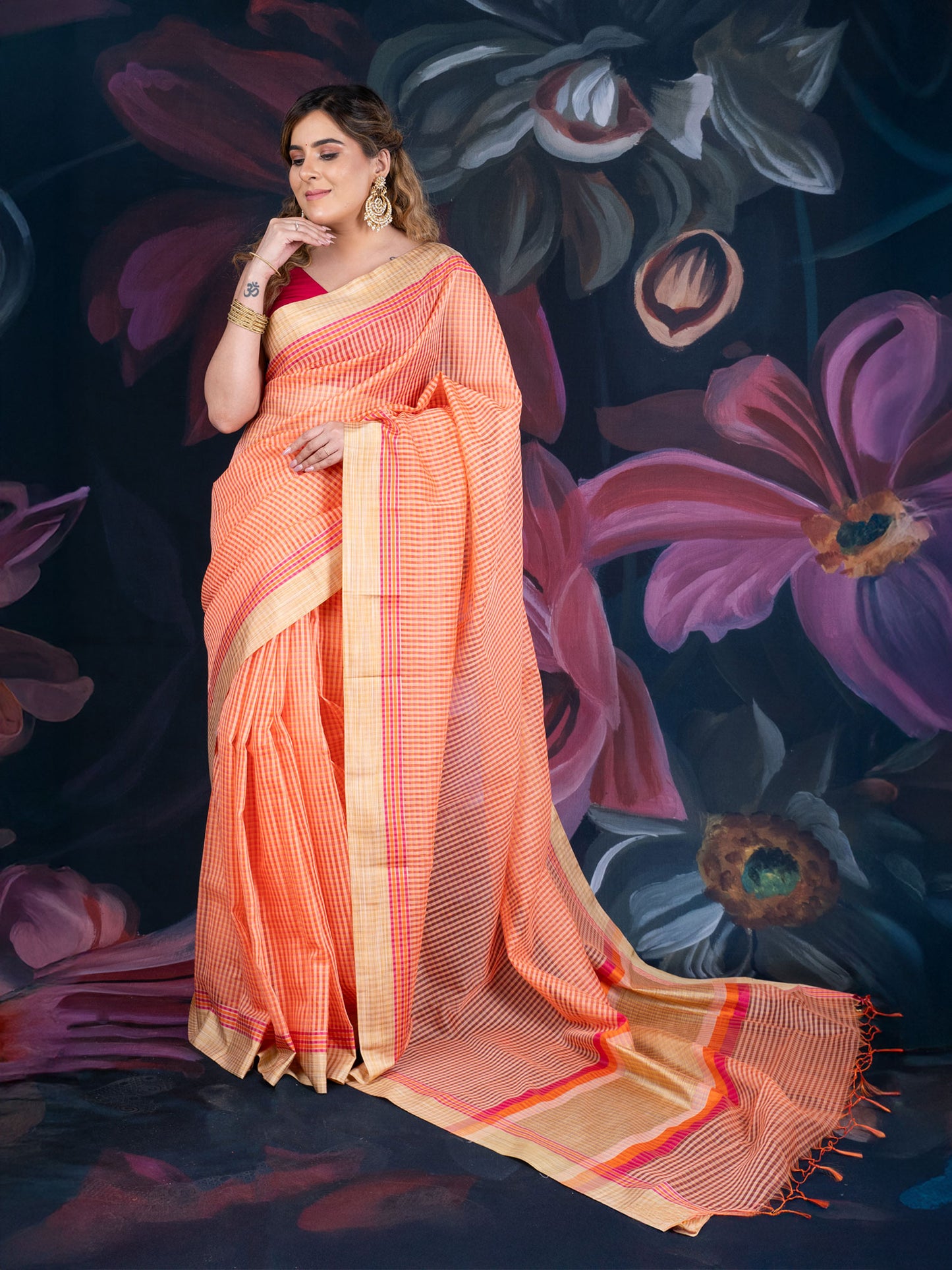 Peach Chanderi Cotton Saree with Check Design and Tissue Border
