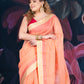 Peach Chanderi Cotton Saree with Check Design and Tissue Border