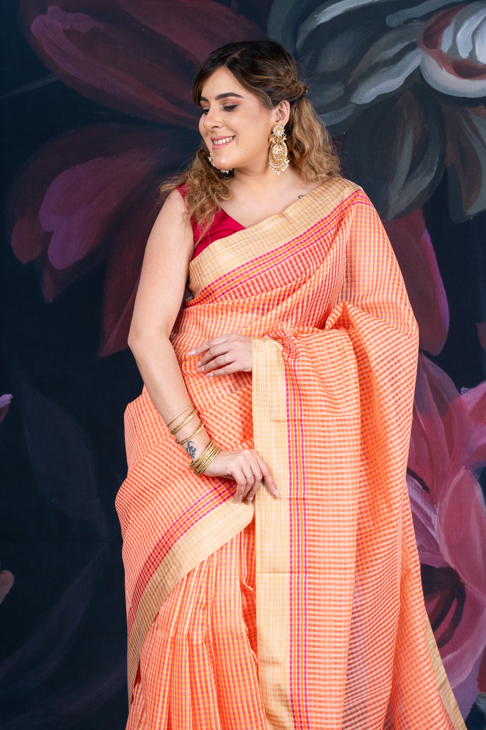 Peach Chanderi Cotton Saree with Check Design and Tissue Border