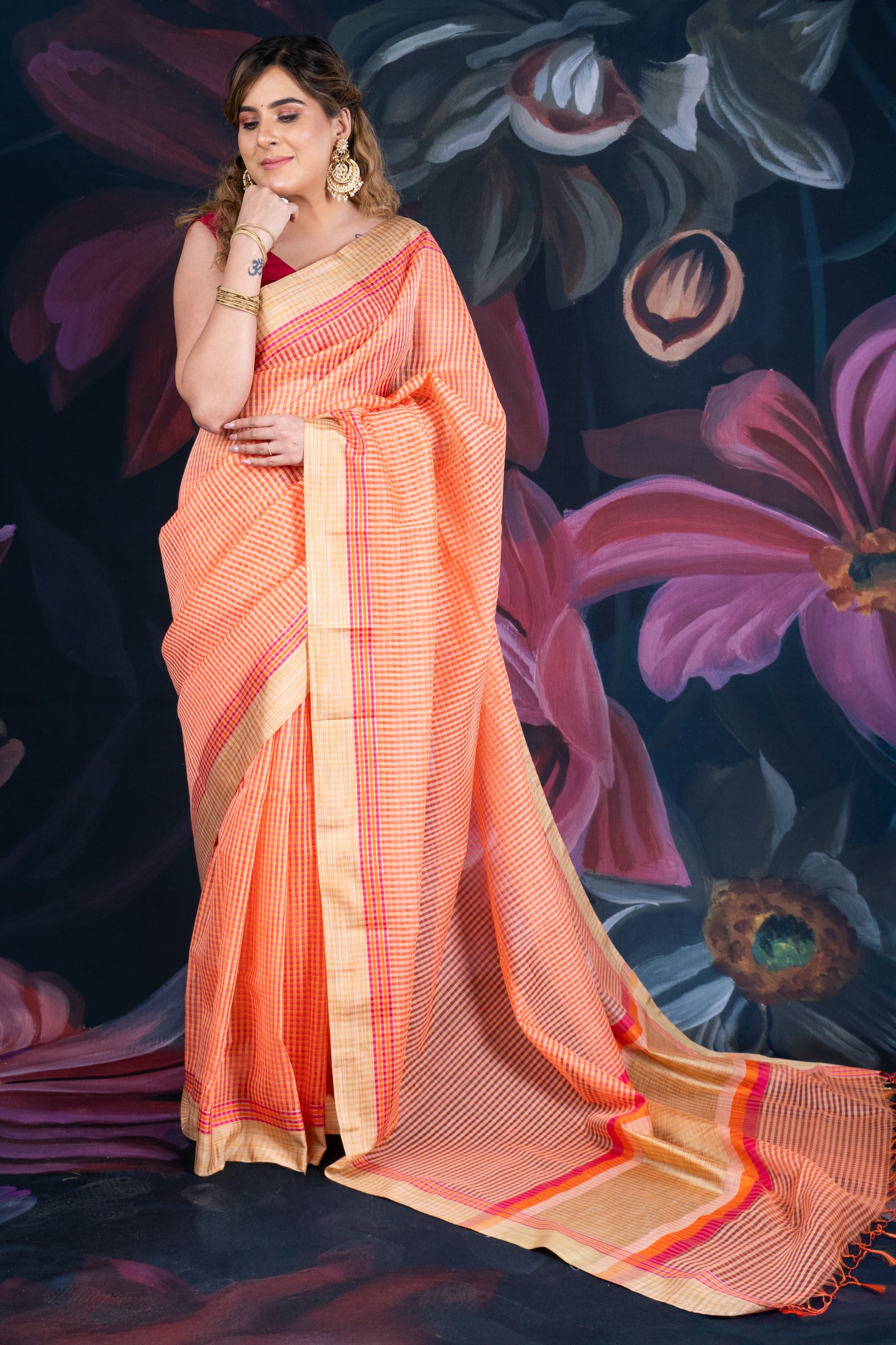 Peach Chanderi Cotton Saree with Check Design and Tissue Border