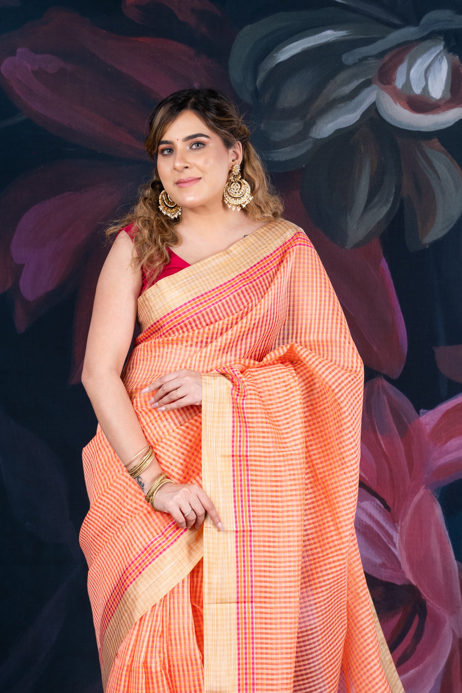 Peach Chanderi Cotton Saree with Check Design and Tissue Border