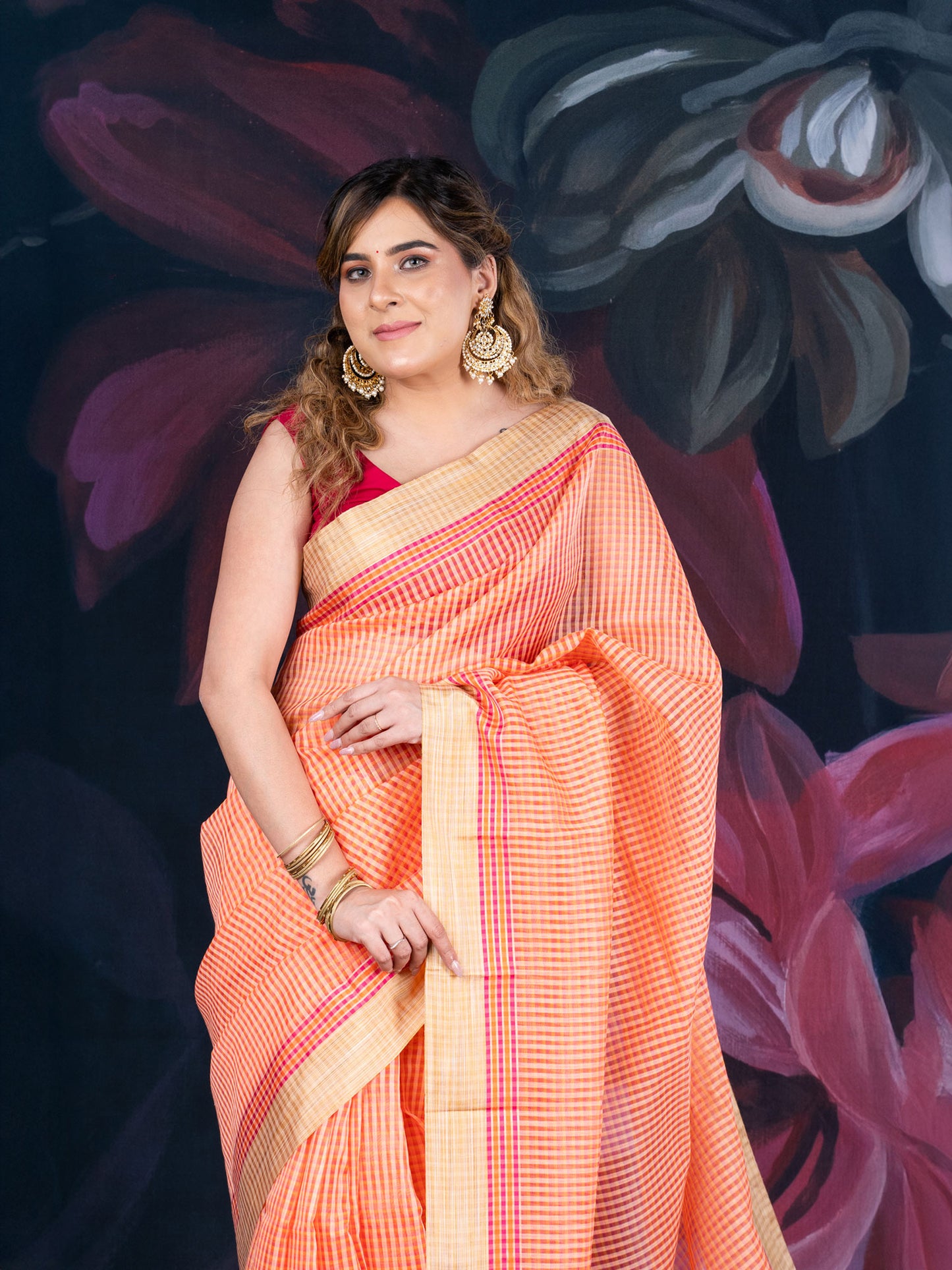 Peach Chanderi Cotton Saree with Check Design and Tissue Border