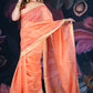 Peach Chanderi Cotton Saree with Check Design and Tissue Border