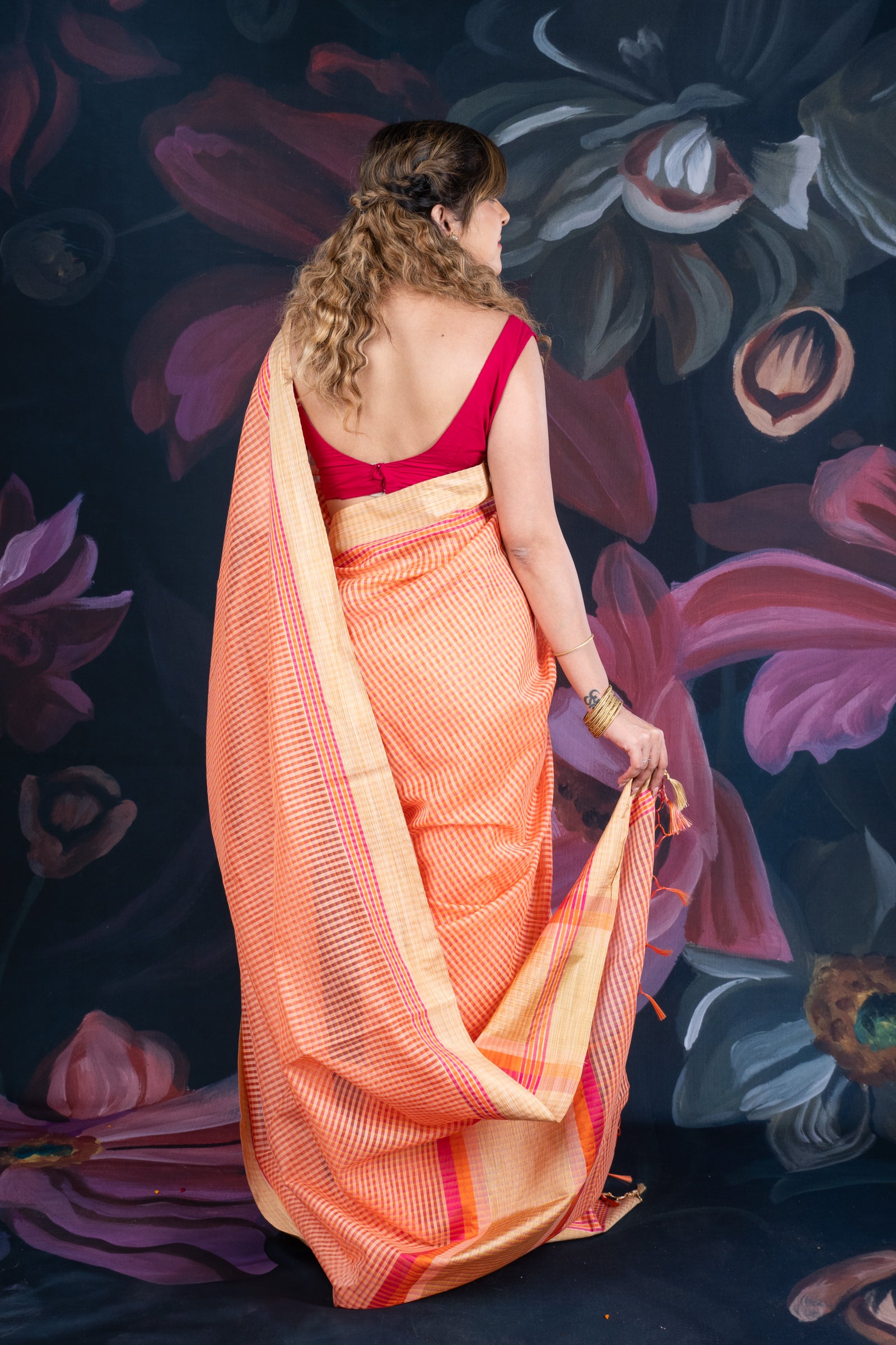 Peach Chanderi Cotton Saree with Check Design and Tissue Border