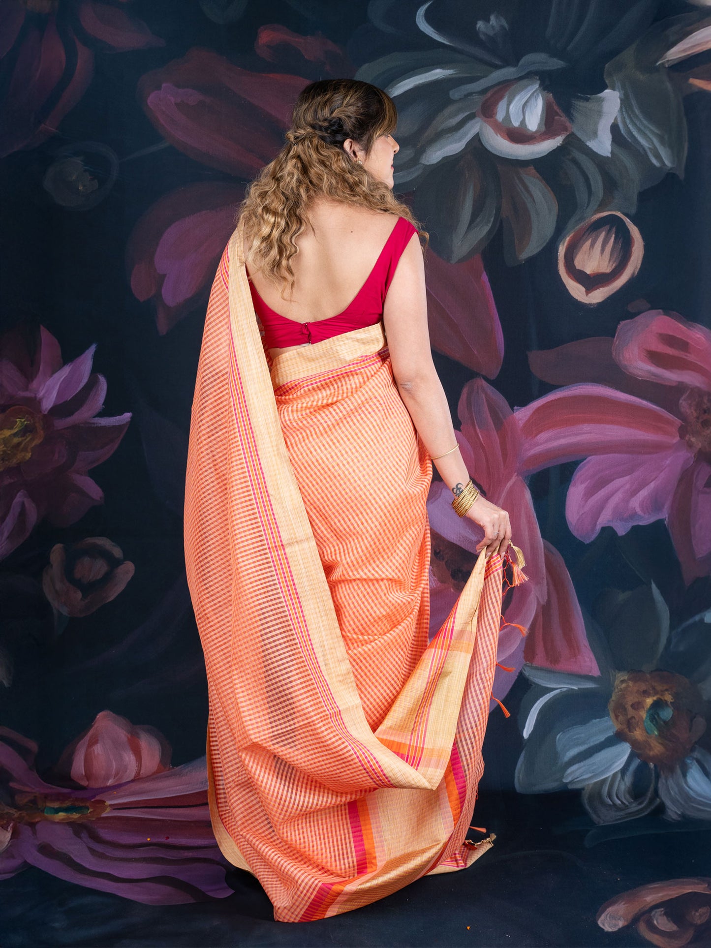 Peach Chanderi Cotton Saree with Check Design and Tissue Border