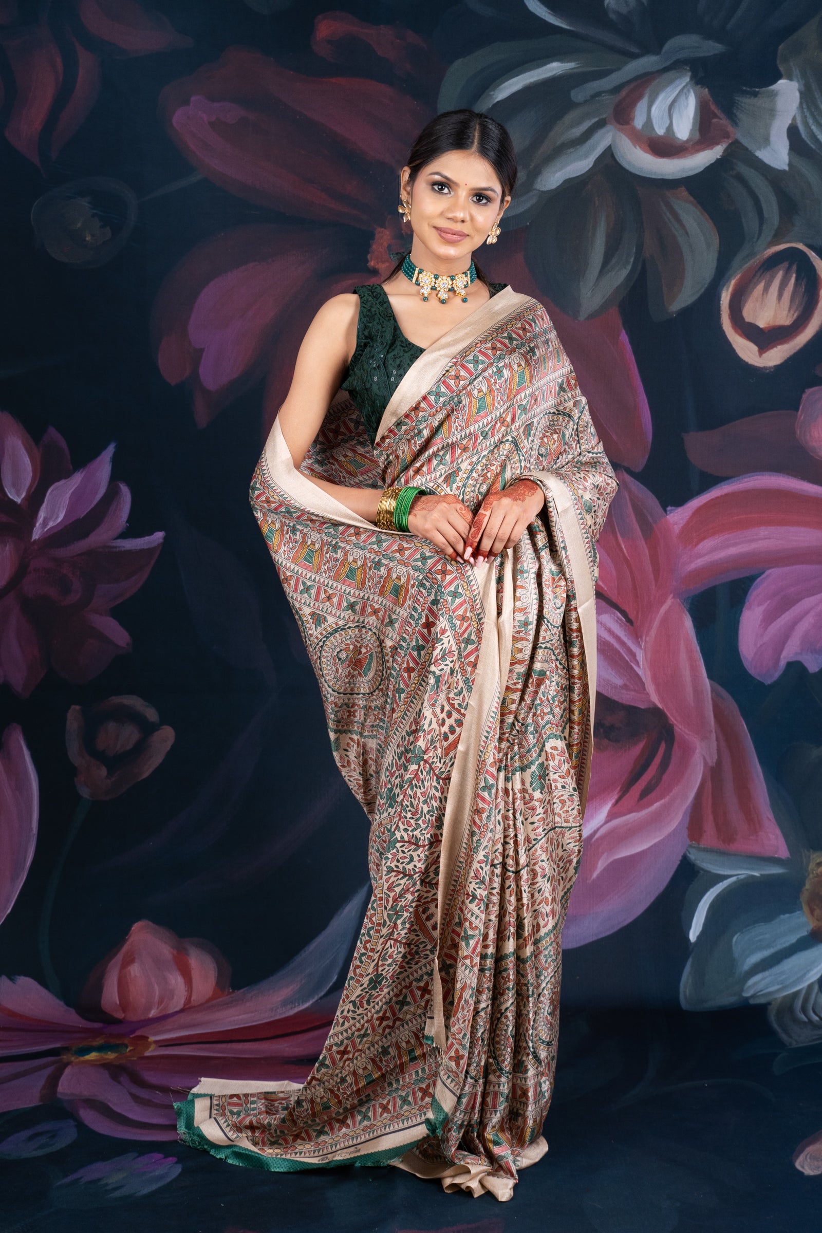 Beige Semi-Matka Silk Saree with Madhubani Print