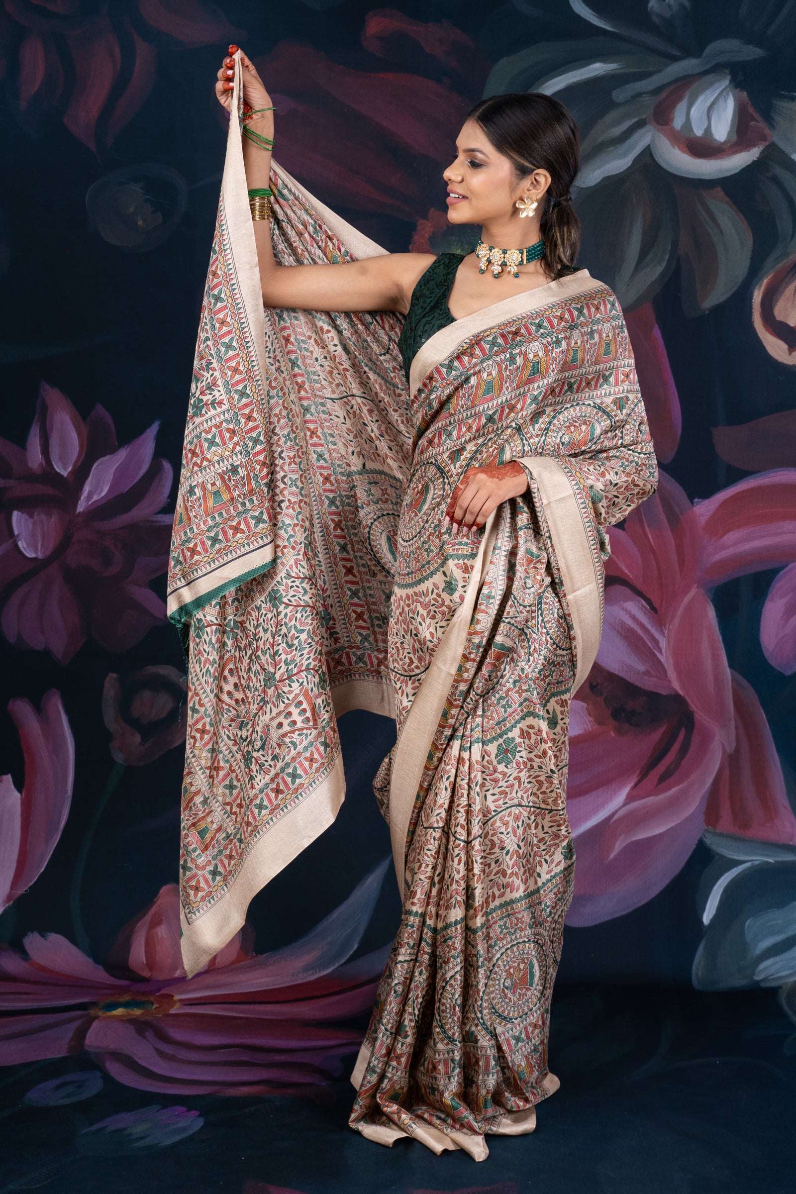 Beige Semi-Matka Silk Saree with Madhubani Print