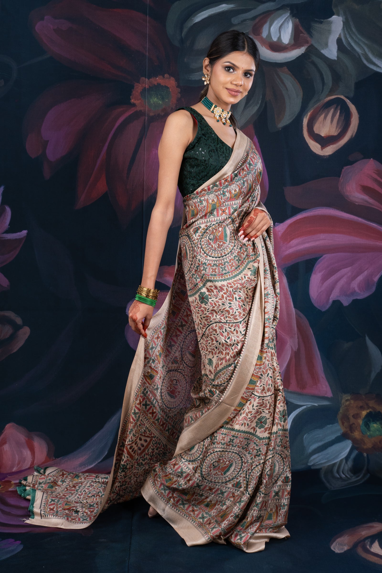 Beige Semi-Matka Silk Saree with Madhubani Print