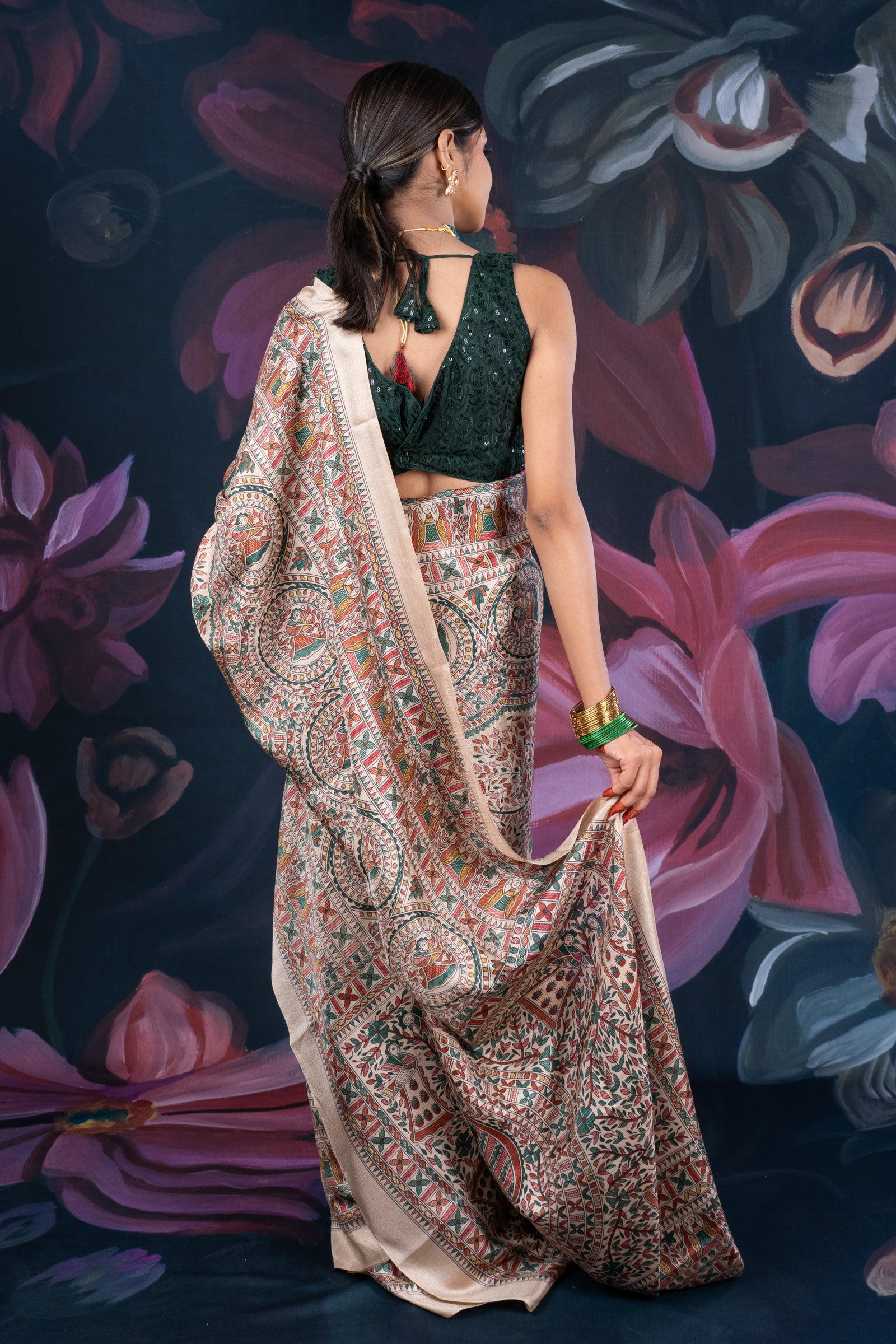 Beige Semi-Matka Silk Saree with Madhubani Print