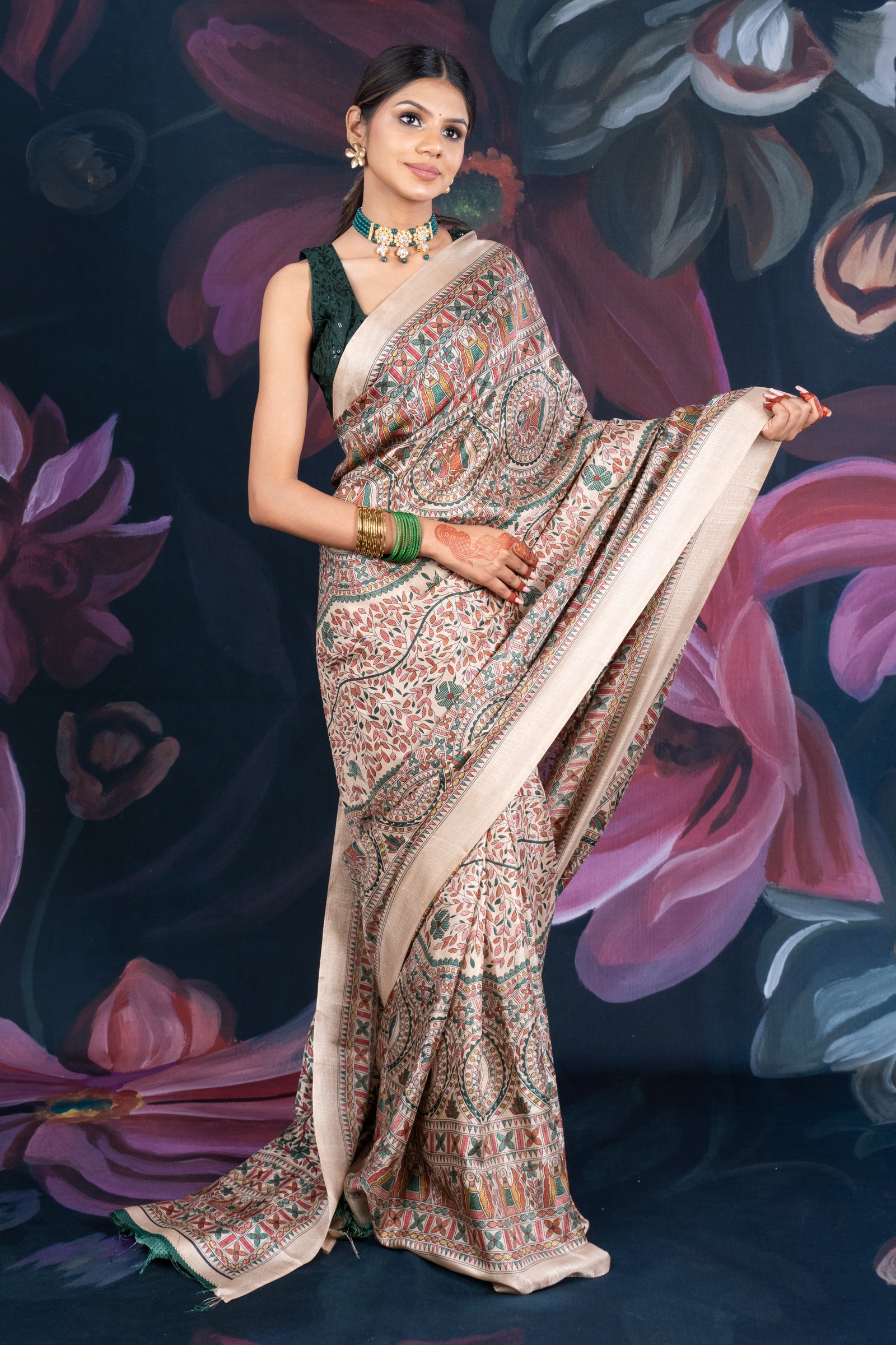 Beige Semi-Matka Silk Saree with Madhubani Print