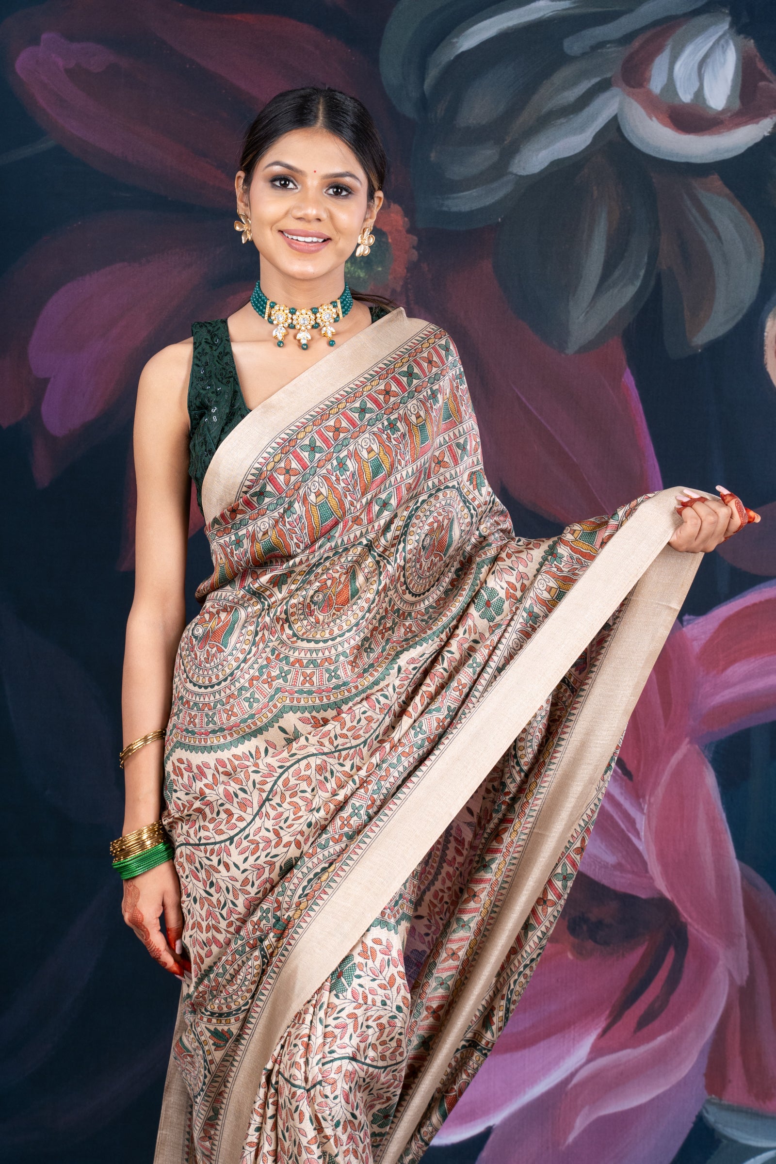 Beige Semi-Matka Silk Saree with Madhubani Print