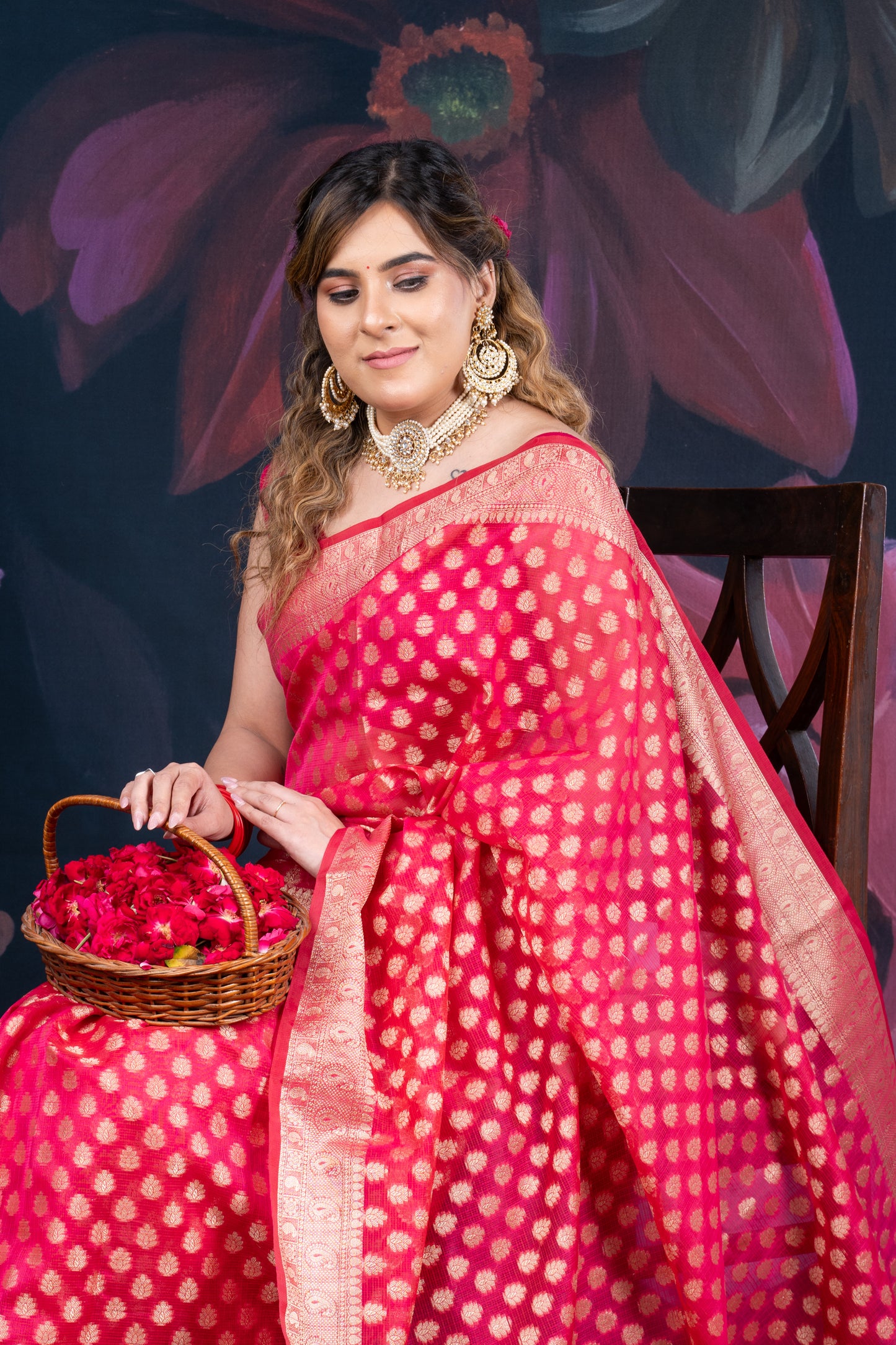 Red Chanderi Silk Saree with Banarasi Zari Booti and Rich Palloo