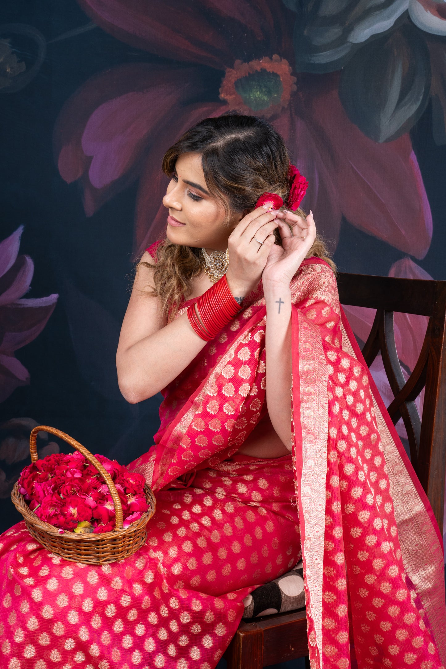 Red Chanderi Silk Saree with Banarasi Zari Booti and Rich Palloo