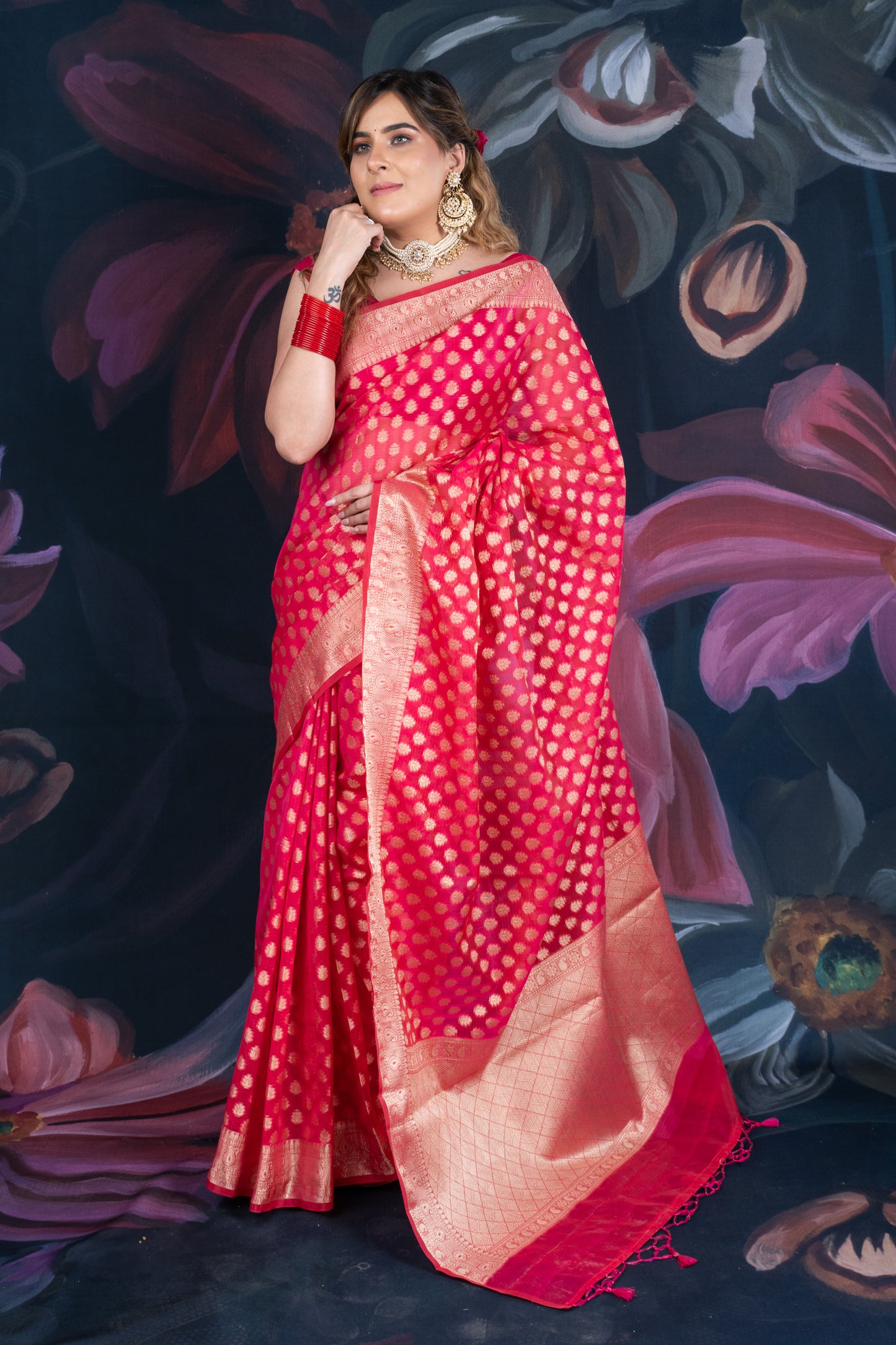 Red Chanderi Silk Saree with Banarasi Zari Booti and Rich Palloo