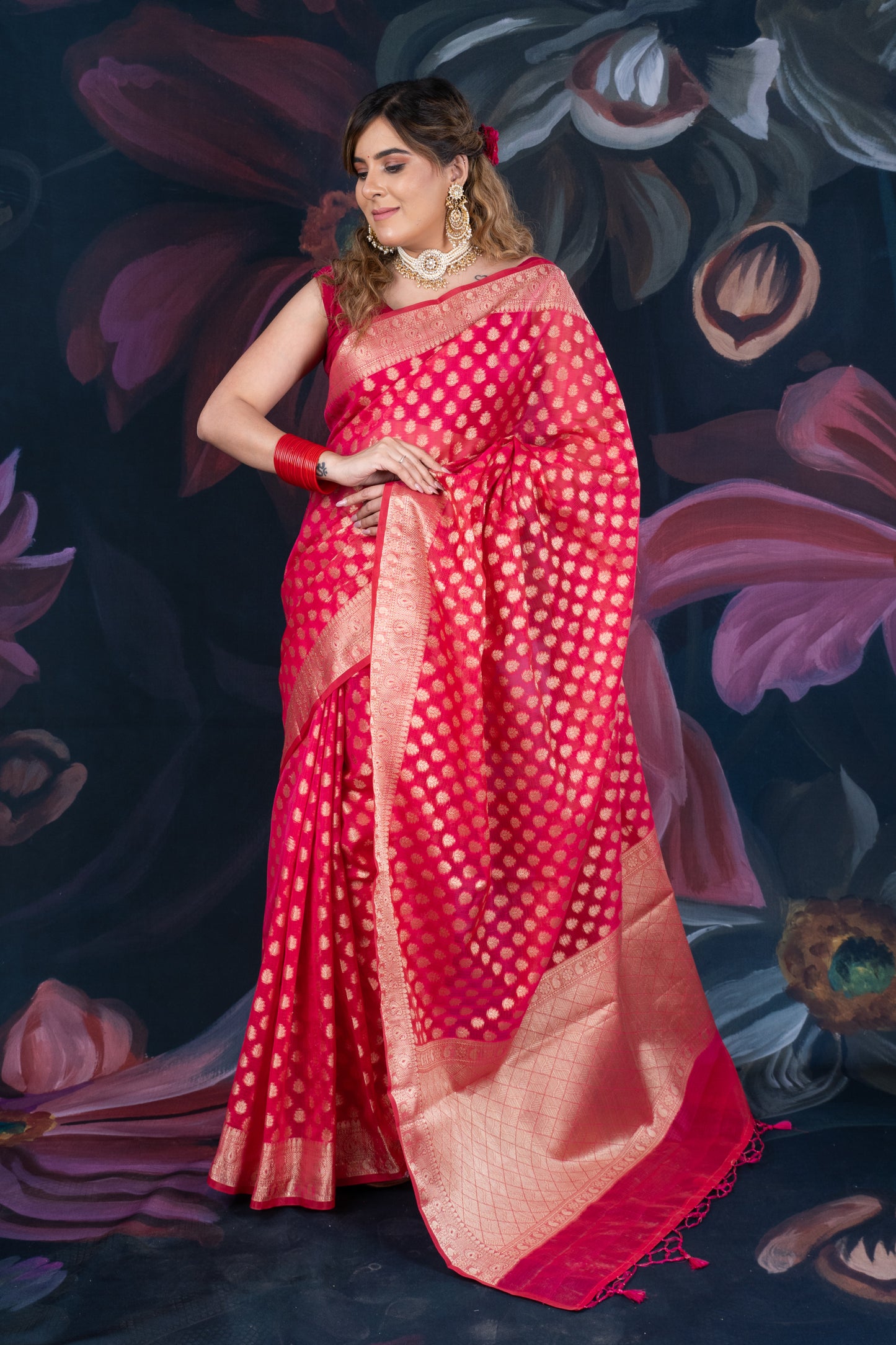 Red Chanderi Silk Saree with Banarasi Zari Booti and Rich Palloo