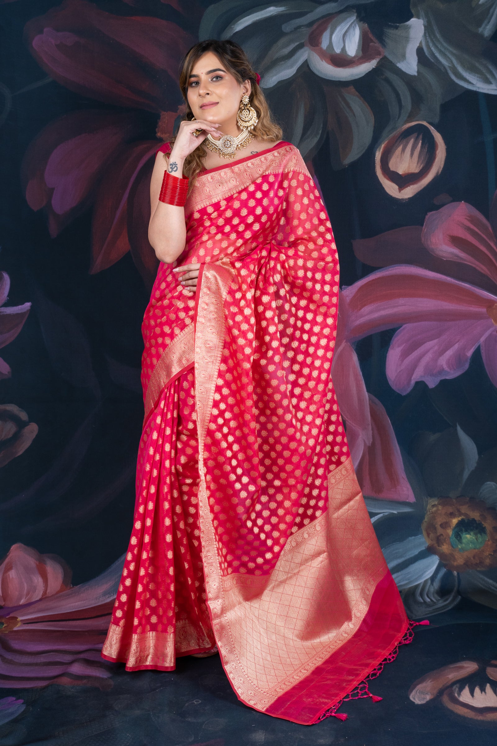 Red Chanderi Silk Saree with Banarasi Zari Booti and Rich Palloo