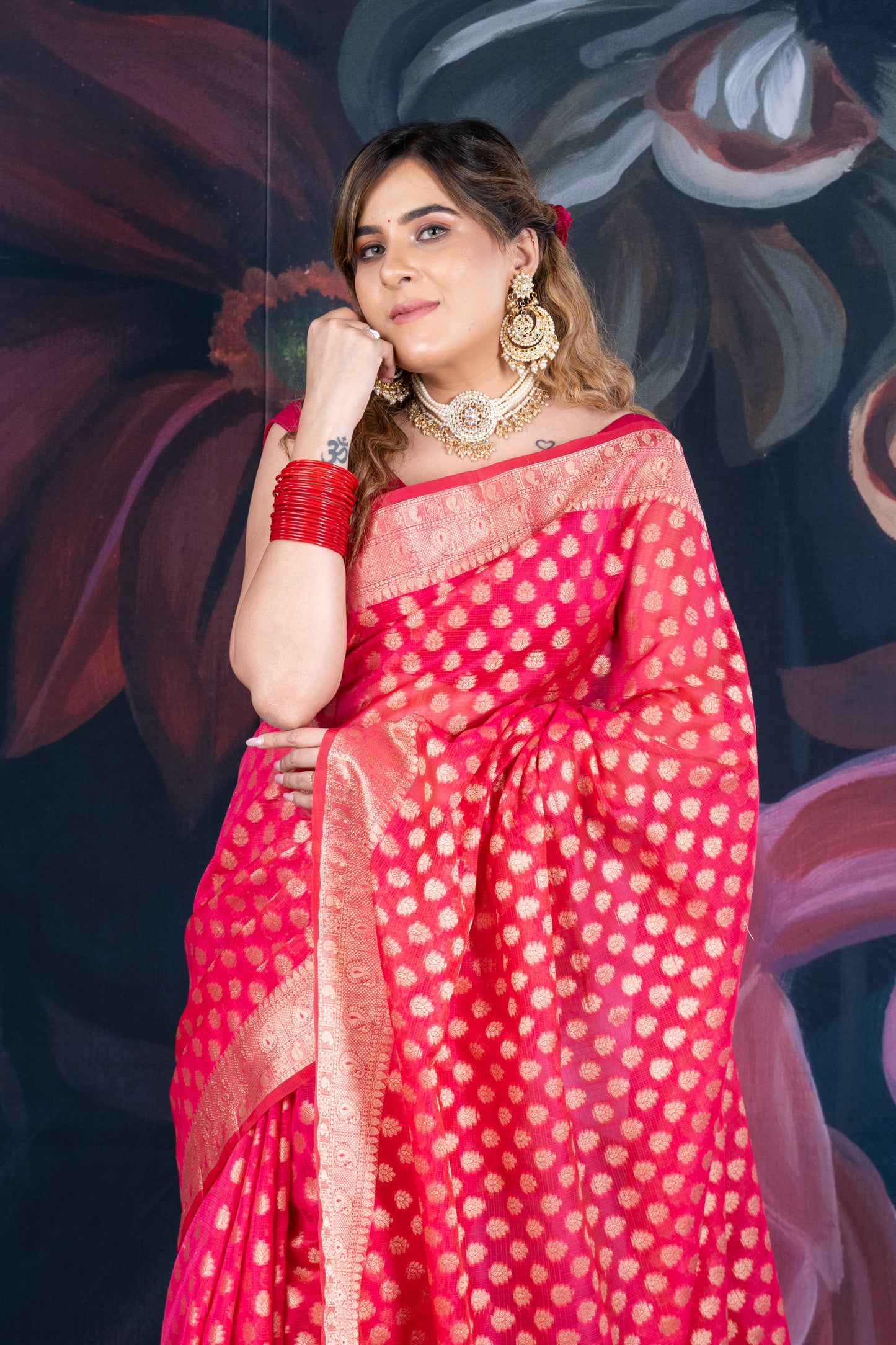 Red Chanderi Silk Saree with Banarasi Zari Booti and Rich Palloo