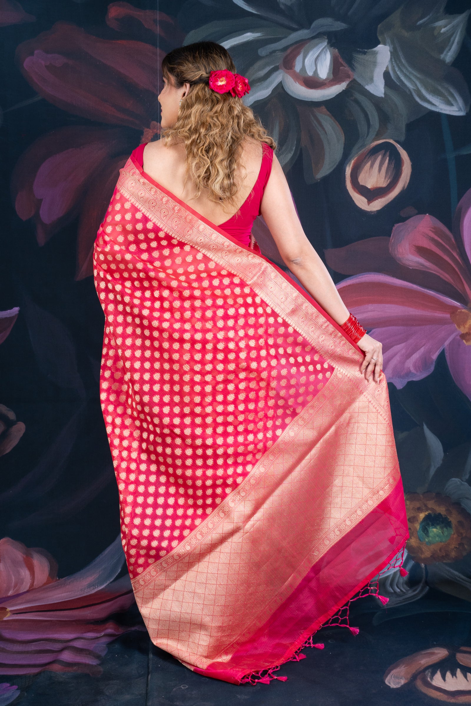 Red Chanderi Silk Saree with Banarasi Zari Booti and Rich Palloo